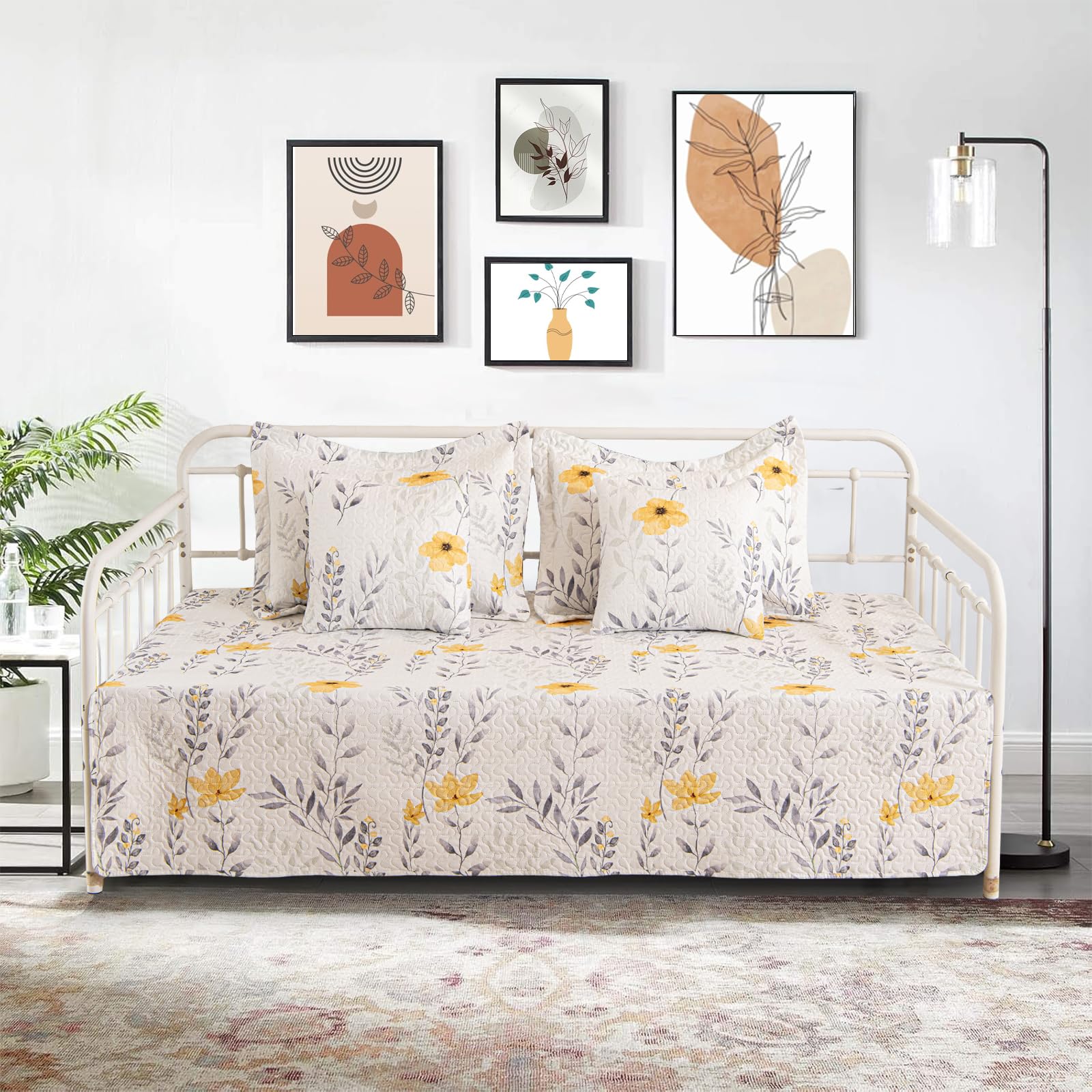 5 Piece Floral Daybed Cover Set Twin Daybed Bedding Sets for All Season Lightweight Flower Day Bed Comforter with Matching Shams&amp;Decorative Pillows,39"x75"