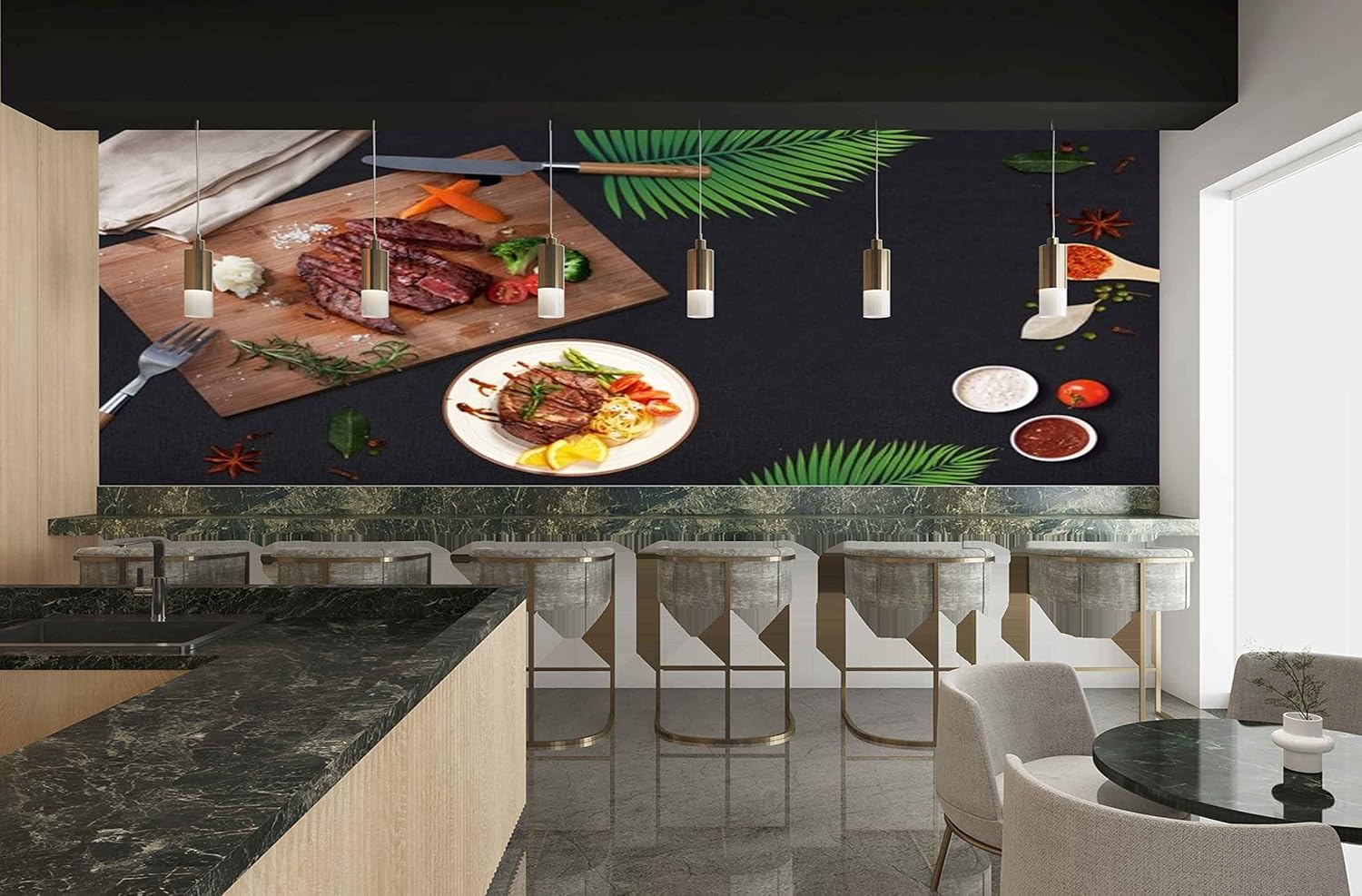 MWZ3178 Meat Tomatoes Leaves Masalas HD 3D Wallpaper for Cafe, Restaurant, Cafeteria[5 ft x 3 ft] / [152 cm x 91 cm]