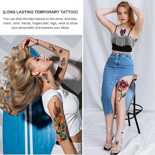 Miniatura 2 de Aresvns 25 tatuajes temporales de acuarela 3D, 14 hojas de rosas, flores, mariposa, león, tatuajes falsos para adultos, hombros, brazos, manos, 11