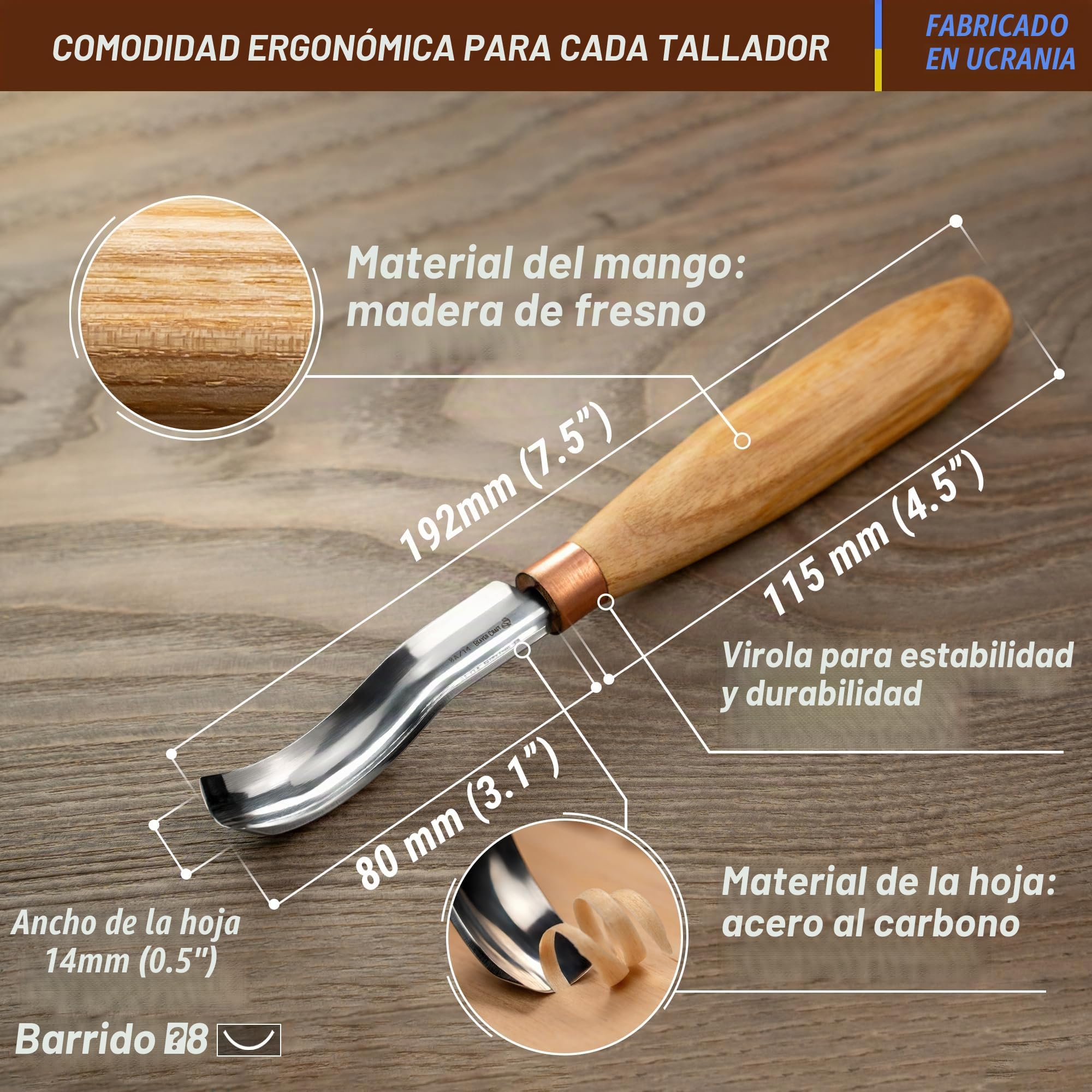 BeaverCraft Cincel Curvado K8a/14 1,4 Cm – Herramienta Para Tallar Cucharas, Cincel Compacto Para Principiantes Y Profesionales, Hoja De Acero Al Carbono