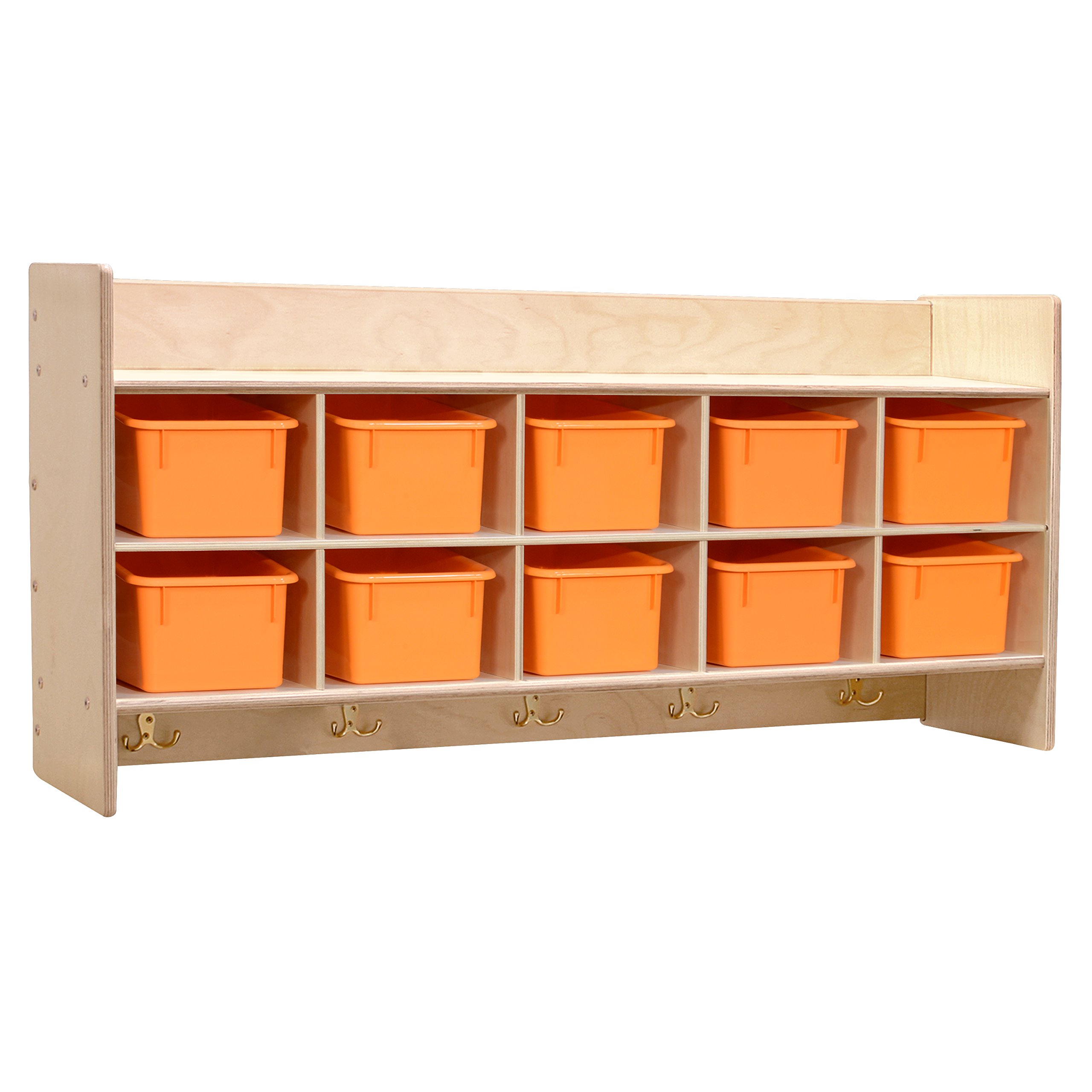 Contender 10 Section Wall Mount Classroom Storage Organizer, Cubby Shelving with Orange Trays and Hooks for Daycare, Home, Natural