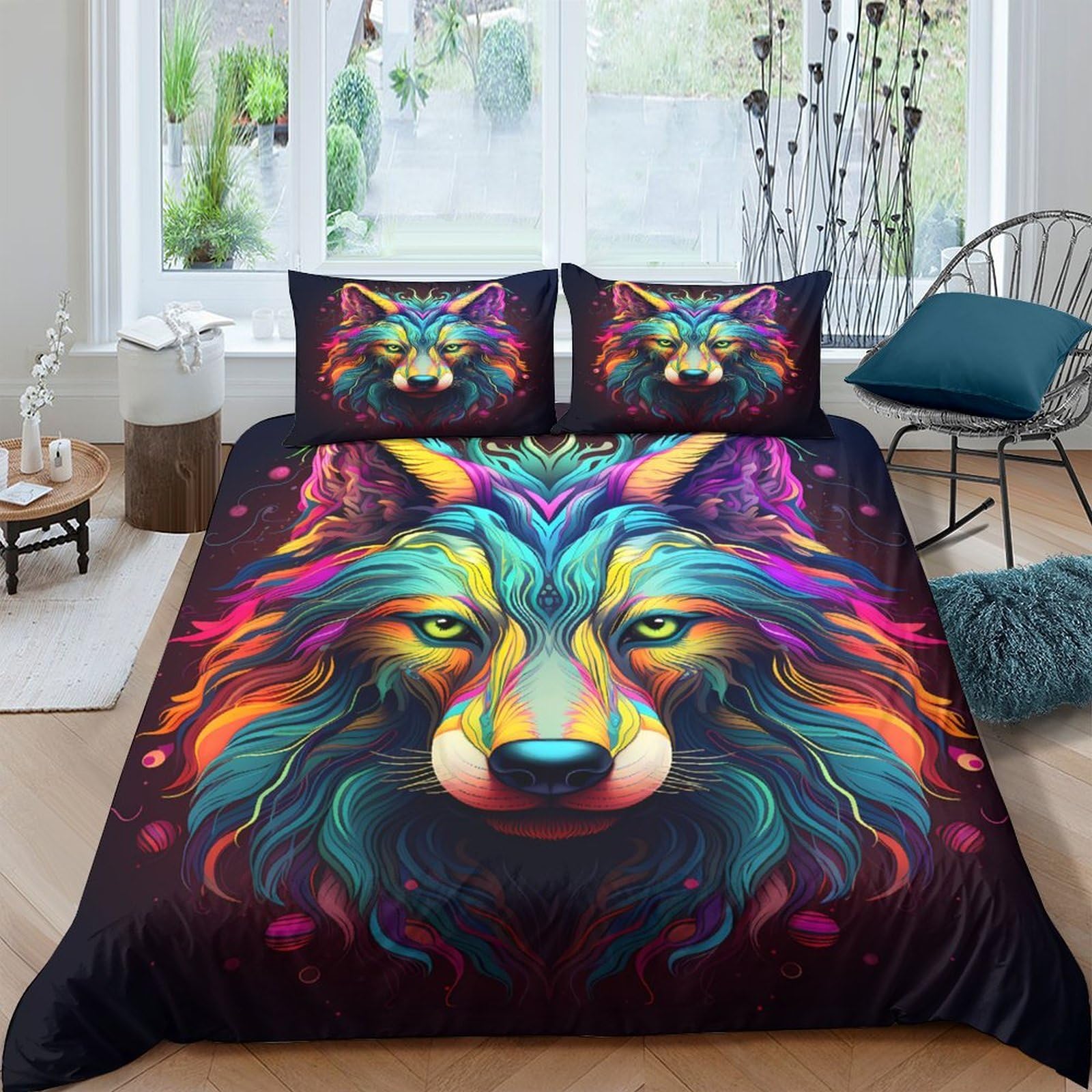 TUFRTGYHN 3D Printed Colourful Wolf Duvet Cover Microfiber Soft Breathable Fantasy Animal Bedding Set with 2 Pillowcases for Bedroom Decor Single（135x200cm）