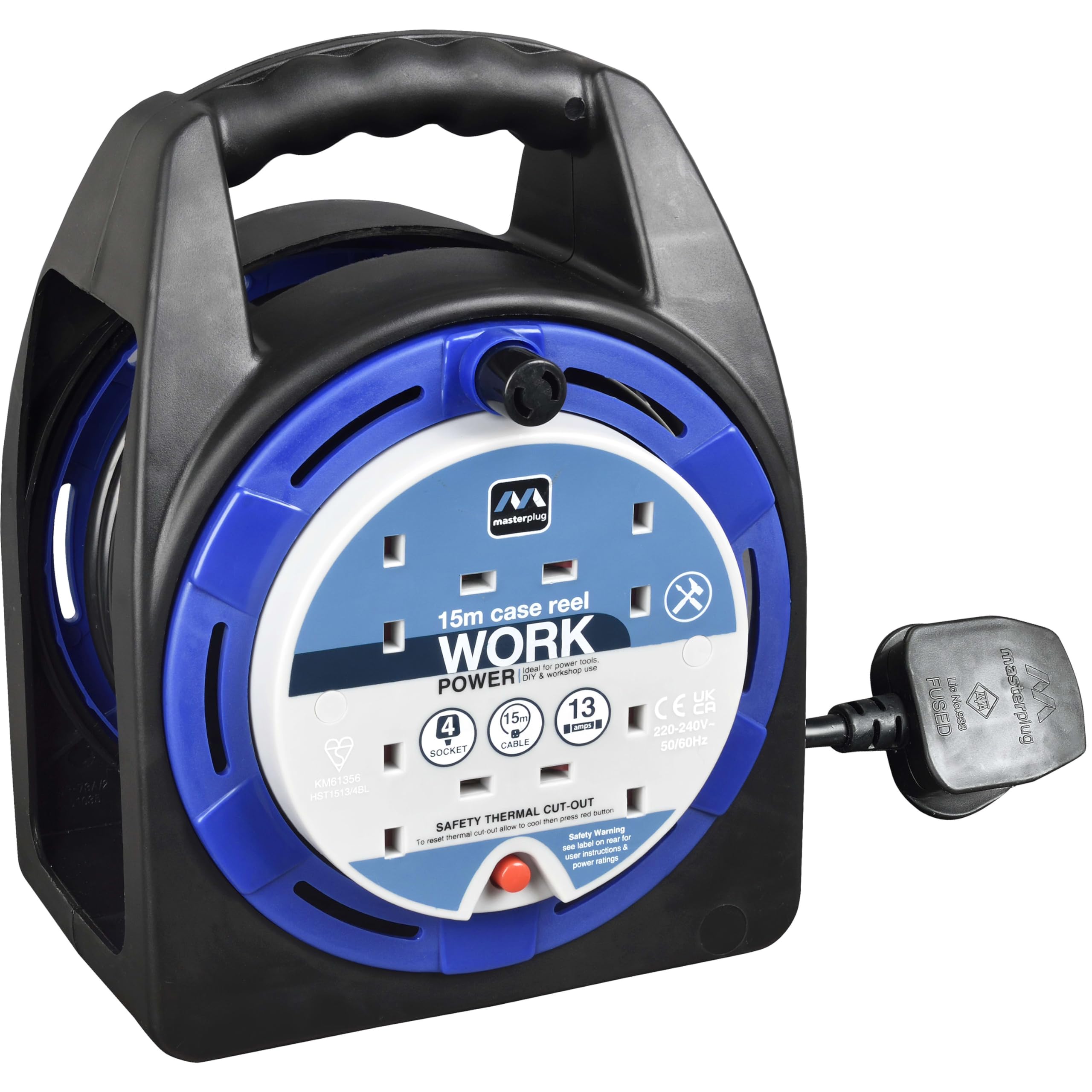 Masterplug HST1513/4BL Four Socket Open Cable Reel Extension Lead with Handle, 15 Metres, Black/Blue