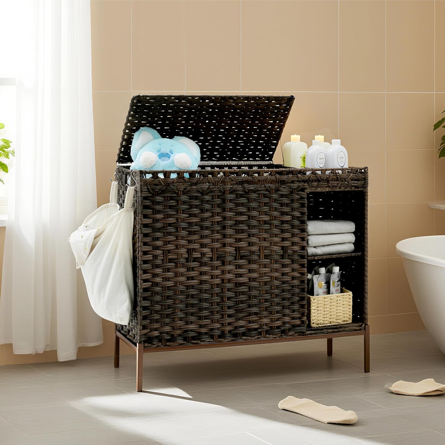Laundry Hamper with Lid, 130L Rattan Laundry Hamper 3 Section with 3-Tier Storage Shelf (50L), Wicker Woven Laundry Sorter Basket with 4 Removable Liner Bags and Handles, Brown GLH003BR