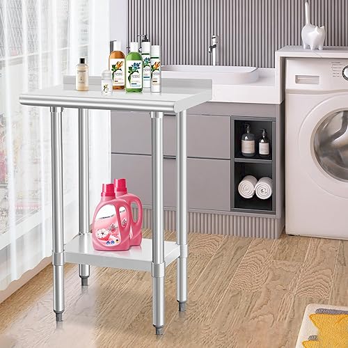 Miniatura 6 de HARDURA Mesa de trabajo comercial de acero inoxidable, mesa de trabajo de preparación, mesa de metal de 14 x 24 pulgadas con estante inferior y