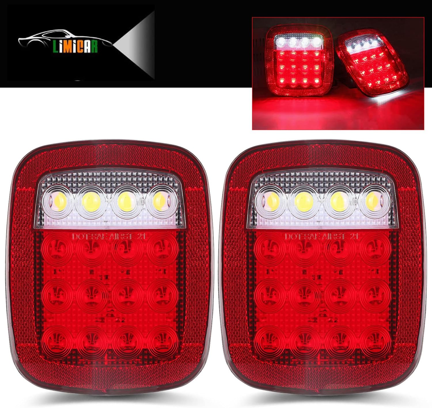 LIMICAR RV Tail Lights LED, Square 22 LED 2PCS Red/White Stop Turn Tail Lights w/License Plate Light, Trailer Lights for Utility Trailer Truck RV Jeep YJ TJ JK CJ