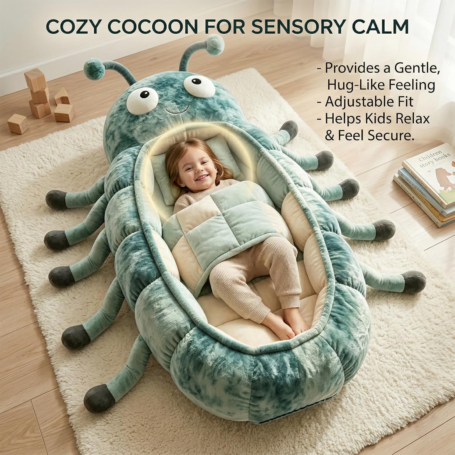 Hugging Caterpillar Sleeping Bags & Indoor Nap Pod Lounger - Plush Cocoon Sleeping Bag with Pull Cord - Ultra-Thick Caterpillar Bag Floor Cushion & Sleep Pod Adult Relaxing Nest