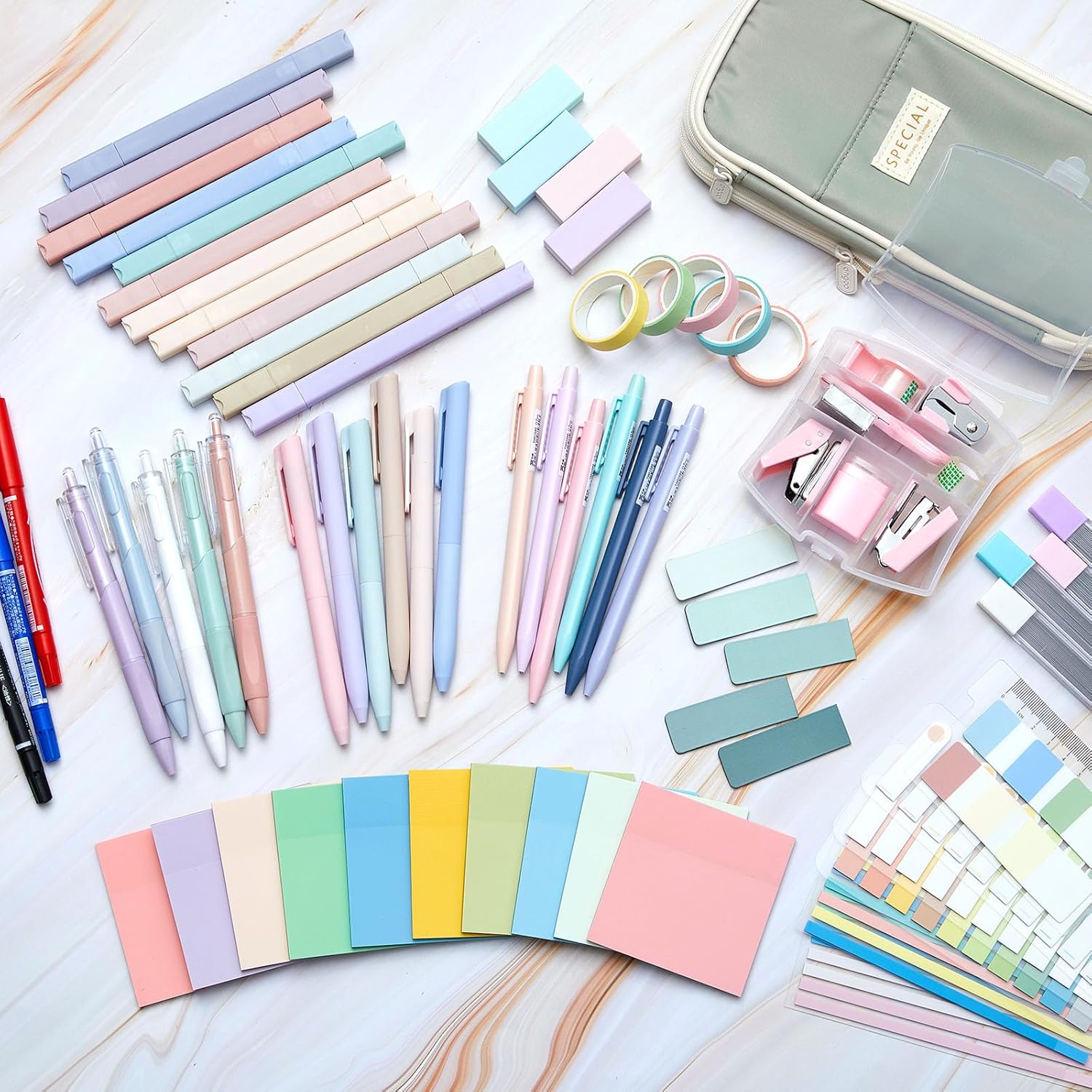 Sinload 72 Pcs Aesthetic School Supplies with Pencil Case 4 Prong Folders 12 Highlighters 20 Mechanical Pencil Pen 500 Sheets Transparent Sticky Note Tabs Stationery for College Office(Green)
