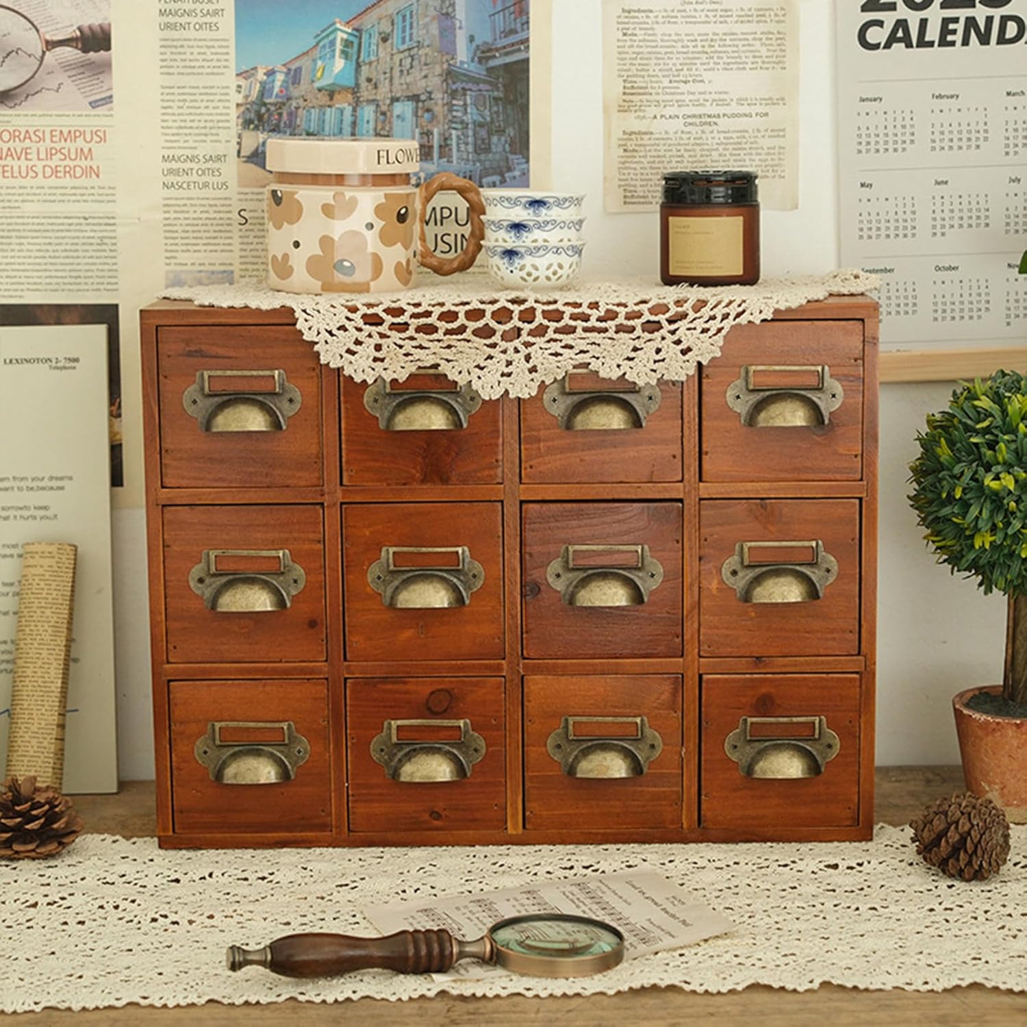 12 Drawers Apothecary Cabinet with Handles,Desktop Library Card Catalog Cabinet,Herb Storage Box,Brown