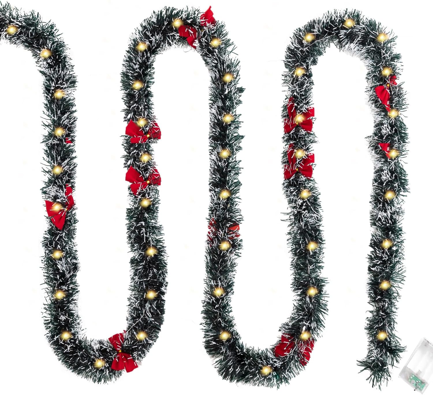 16.4 ft christmas tinsel garland, 1 pack dark green frost tip metallic garland with 50 warm led lights, artificial xmas garland for indoor outdoor christmas tree decoration, holiday party supplies 1 pack 16.4ft frost tip