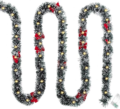 Guirnalda metálica de oropel con punta de escarcha verde oscuro de 16.4 pies con 50 luces LED cálidas, decoración artificial de árbol de Navidad