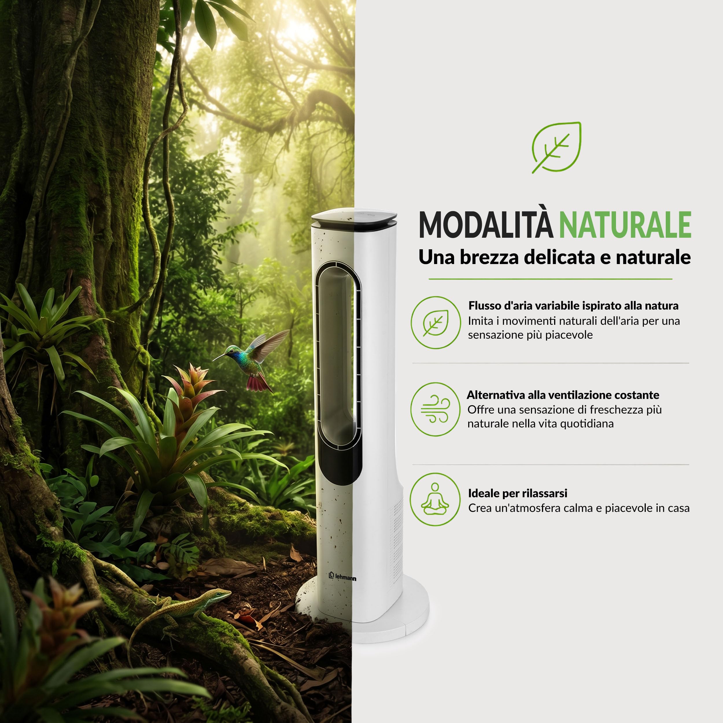 LEHMANN Ventilatore a Torre senza Pale, Ventilatore a Colonna Silenzioso con Modalità Notte, Telecomando, Schermo LED, Timer 1-15 h, 3 Velocità, 3 Modalità, 3 Colori di Illuminazione, Oscillazione