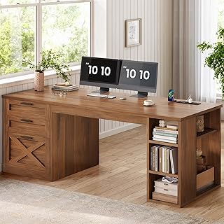 SEDETA 55.1" Executive Office Desk with 3 Drawers, Farmhouse Computer Desk with File Drawer & Storage Shelves, Home Office Desk with Power Outlet for Home Office, Brown