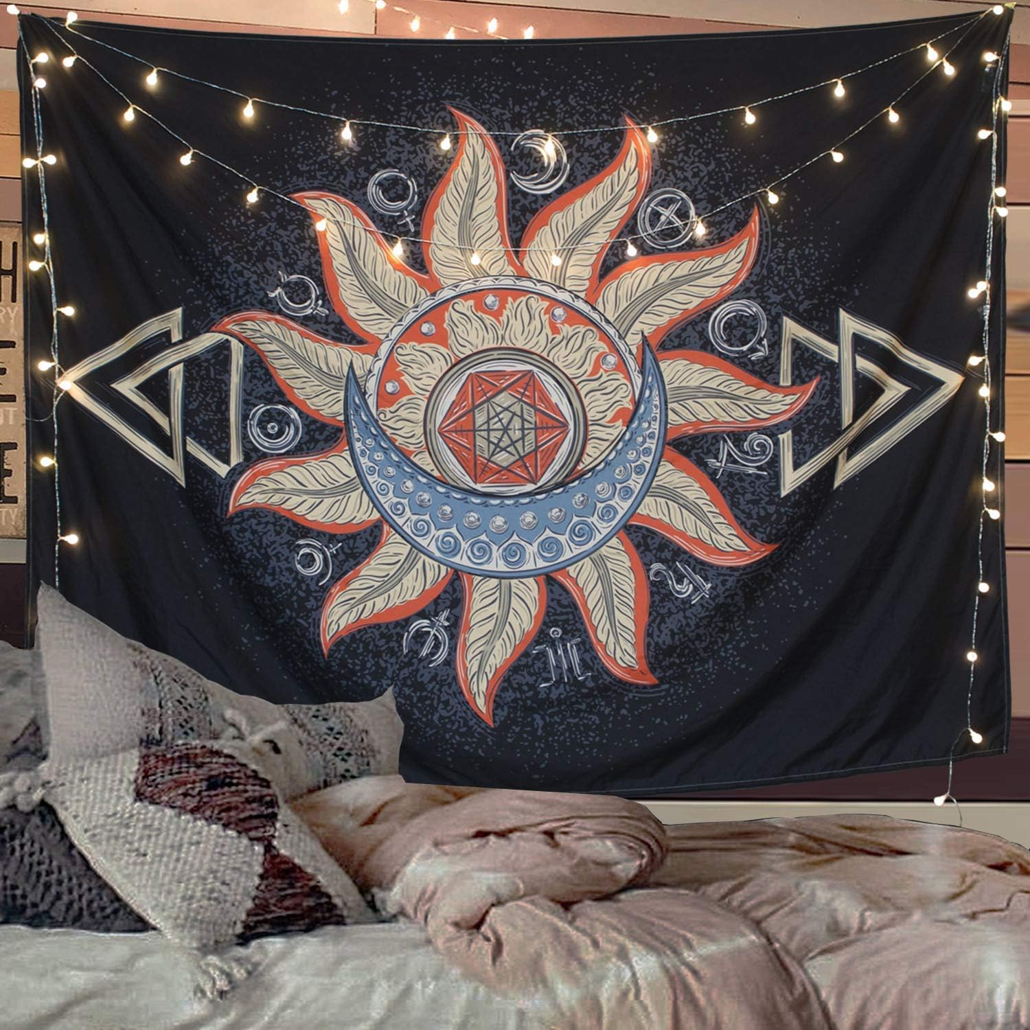 Yasirona Accnicc Sun and Moon Tapestry Wall Hanging Gold and Black Art Aesthetic Wall Tapestries for Bedroom Dorm Living Room (Gold, 50"x60")