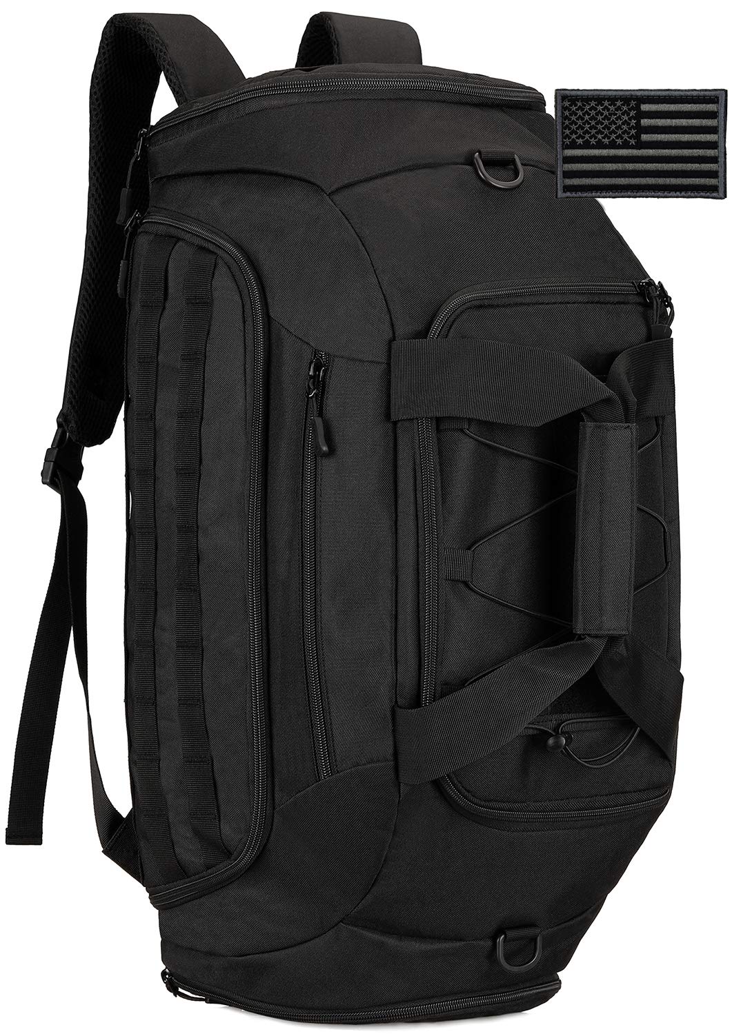 Protector Plus Tactical Duffle Bag Men Sports Gym Backpack Military MOLLE Luggage Suitcase Travel Camping Outdoor Rucksack (Rain Cover & Patch Included), Black, 35L