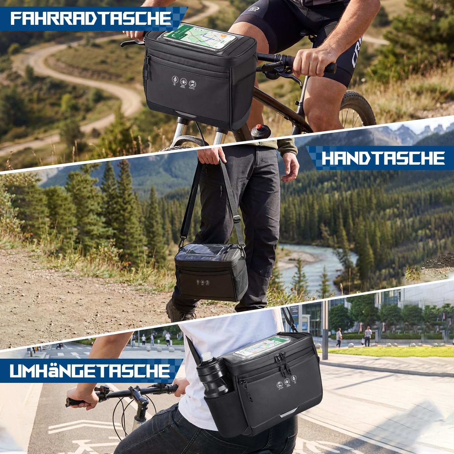 Eyein Fahrrad Lenkertasche, 3,5L Wasserabweisende Isolierte Fahrradtasche Lenker mit Regenschutz und Touch-Handytasche, Reflektierende Fahrradkorb vorne mit Schultergurt für Ebike Radsport