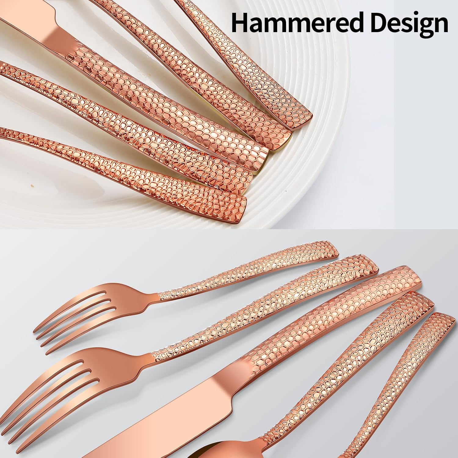 45-Piece Silverware Set with Serving Utensils Set, Rose Gold Hammered Stainless Steel Flatware for 8, Food-Grade Tableware, Including Fork, Knife, Spoon Set, Home Kitchen Cutlery, Dishwasher Safe