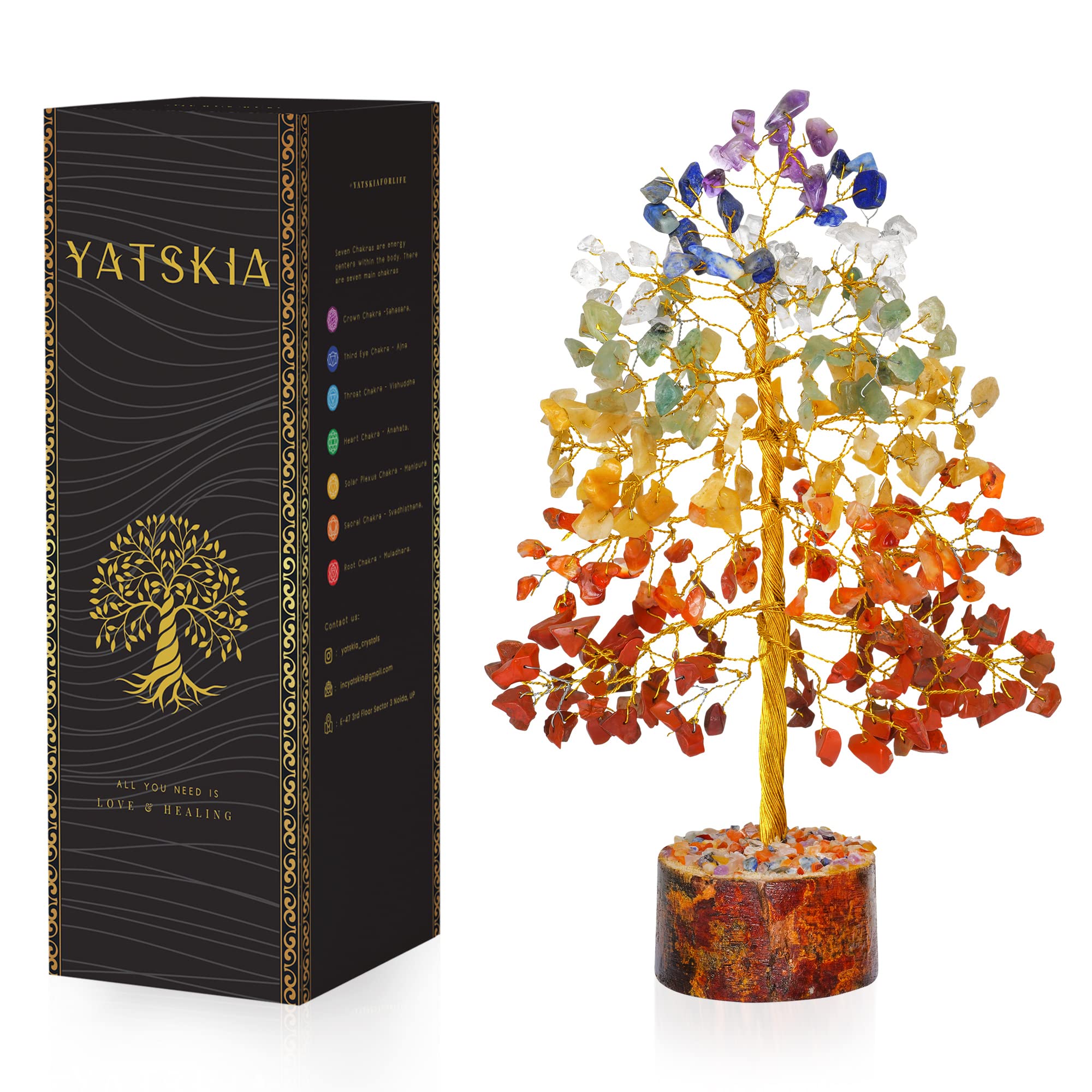Yatskia Women's Seven Chakra (Golden Wire) Chakra Tree - Crystal Tree Of Life - Feng Shui Decor - House Warming Gift - Crystals And Stones - Good Luck Gifts - Crystal Decorations For Home - Spiritual Gifts For (10 Inch Approx.)
