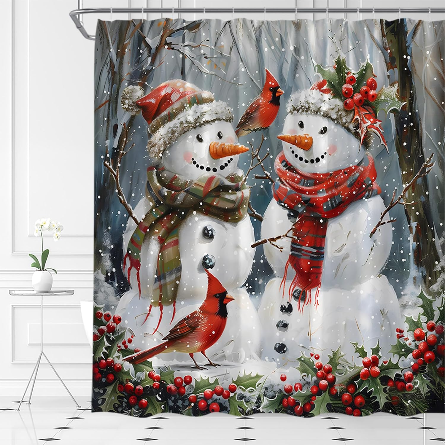 Christmas Snowman Shower Curtain Snow Snowflake Red Birds Forest Nature Landscape Farmhouse Winter Holiday Fabric Bathroom Decor Set with Hooks,(84" Wx70 H)
