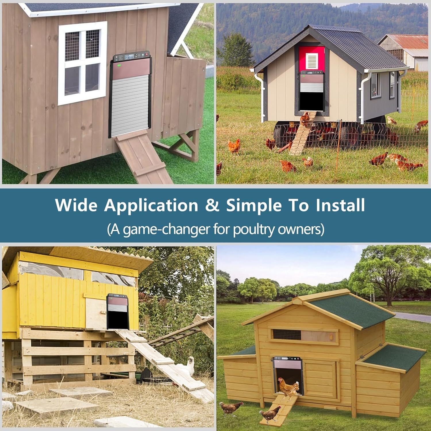 Various installations of the TENDOVO chicken coop door on different coop types