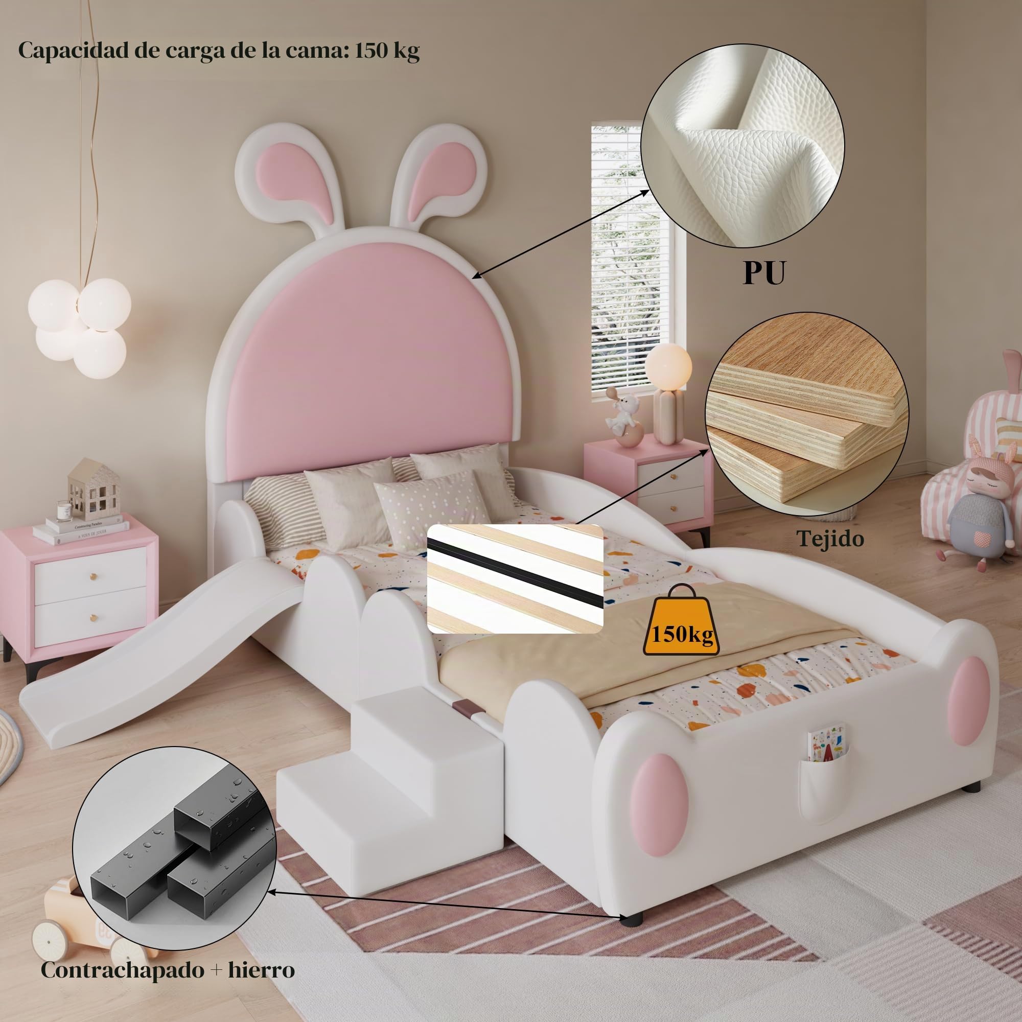Dolamaní Cama infantil para niña de 90 x 200 cm, con escalera pequeña y tobogán infantil, cama tapizada de poliuretano con orejas de conejo, cama individual (blanco y rosa)