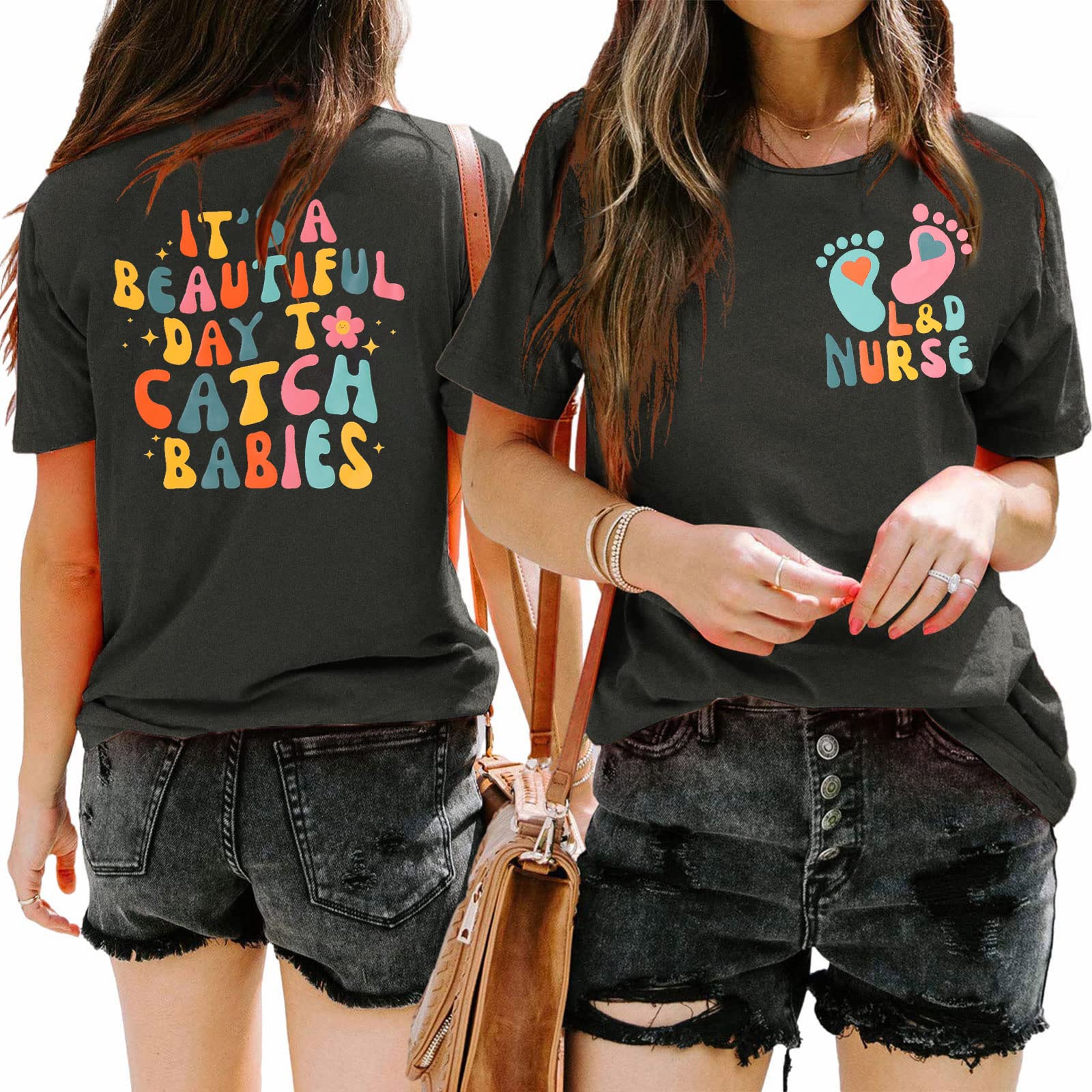 L&D Nurse Shirt Women Labor and Delivery Nurse Shirts It's A Beautiful Day to Catch Babies Short Sleeve Tee Tops Medium Black