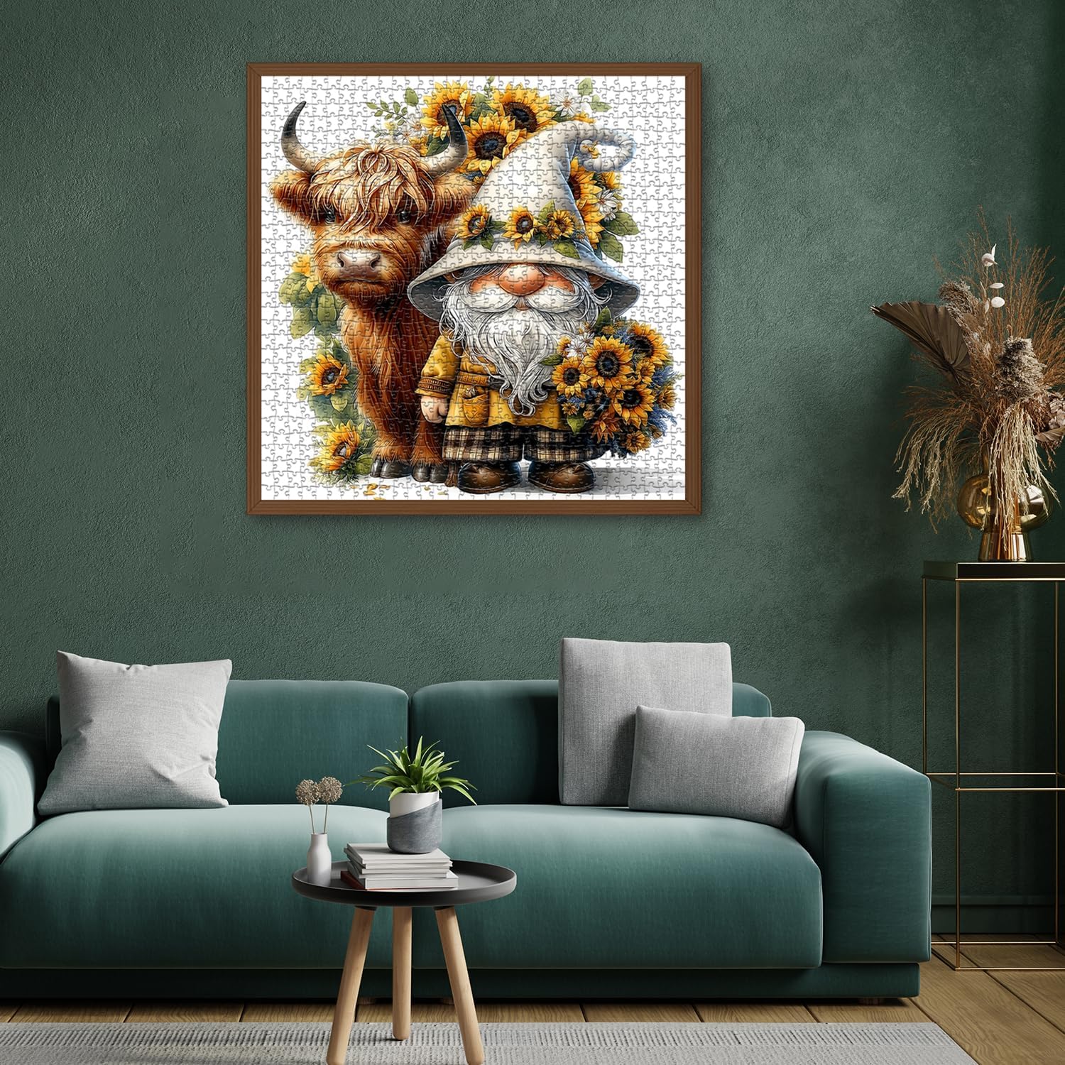 Highland Cow Gnome Puzzles for Adults 1000 Pieces, Nature Sunflower and Cow Puzzles, Animal Plant Floral Themed Jigsaw Puzzles Challenging for Adults