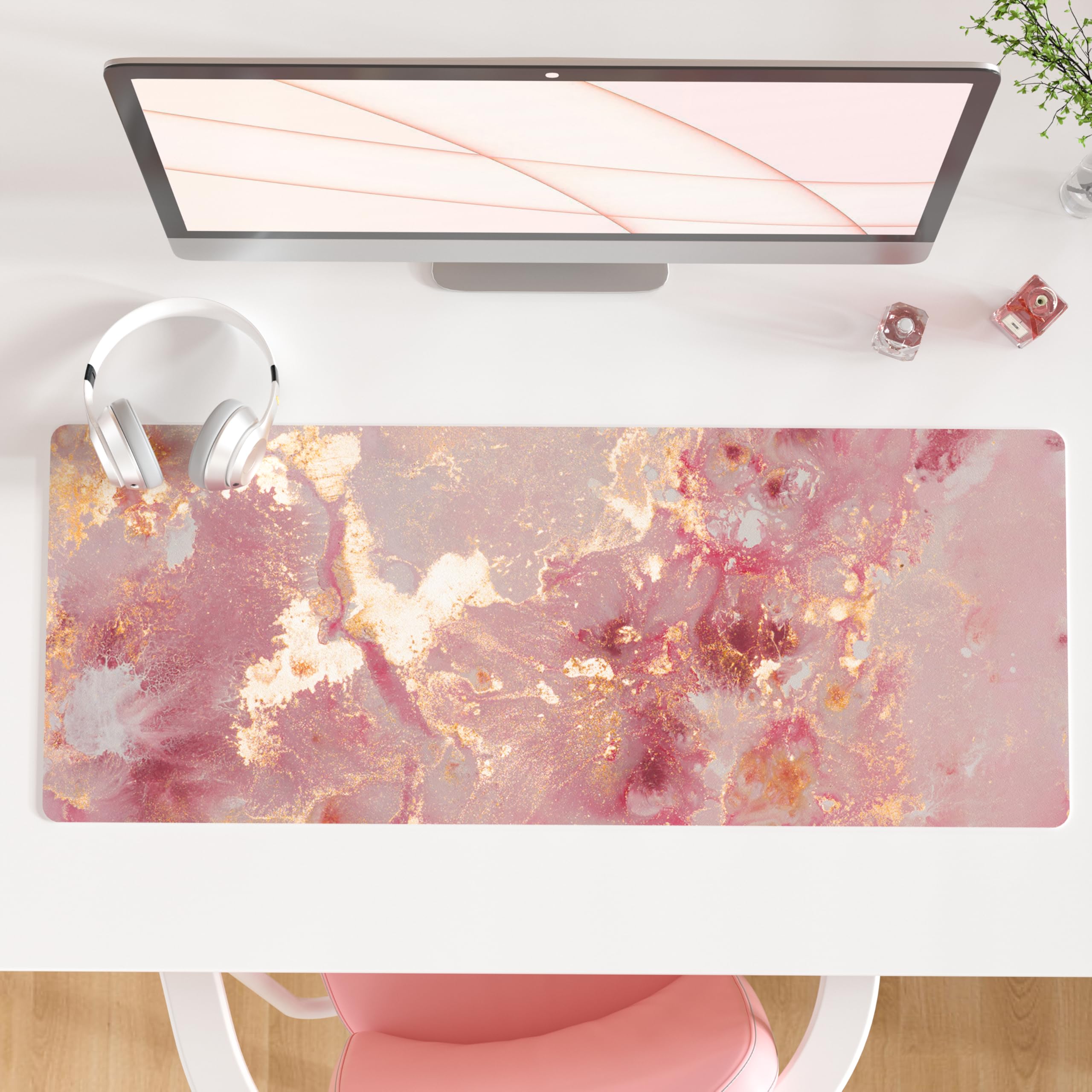 QIYI Large Mouse Pad, Cute Pink Desk Mat for Desktop, Women Girls PU Leather Waterproof Gaming, Rose Gold Marble Computer PC Laptop Protector Writing