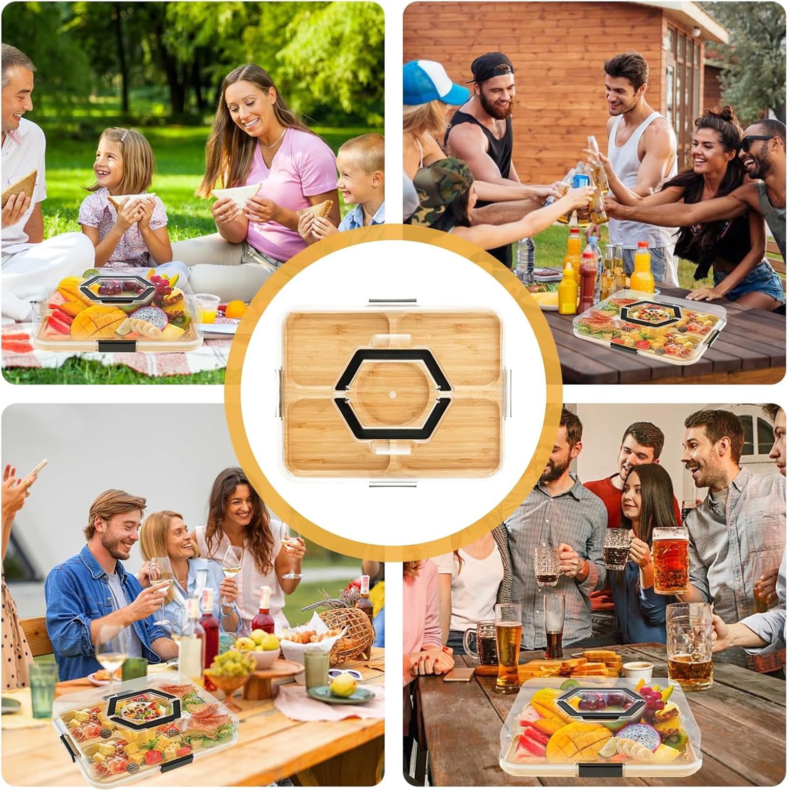 Lot de 2 plateaux de service en bambou avec couvercle et 5 compartiments - Plateau à fromage - Plateau à fruits - Serveur en bois épais - Cadeau de réchauffement de la maison pour les gourmets