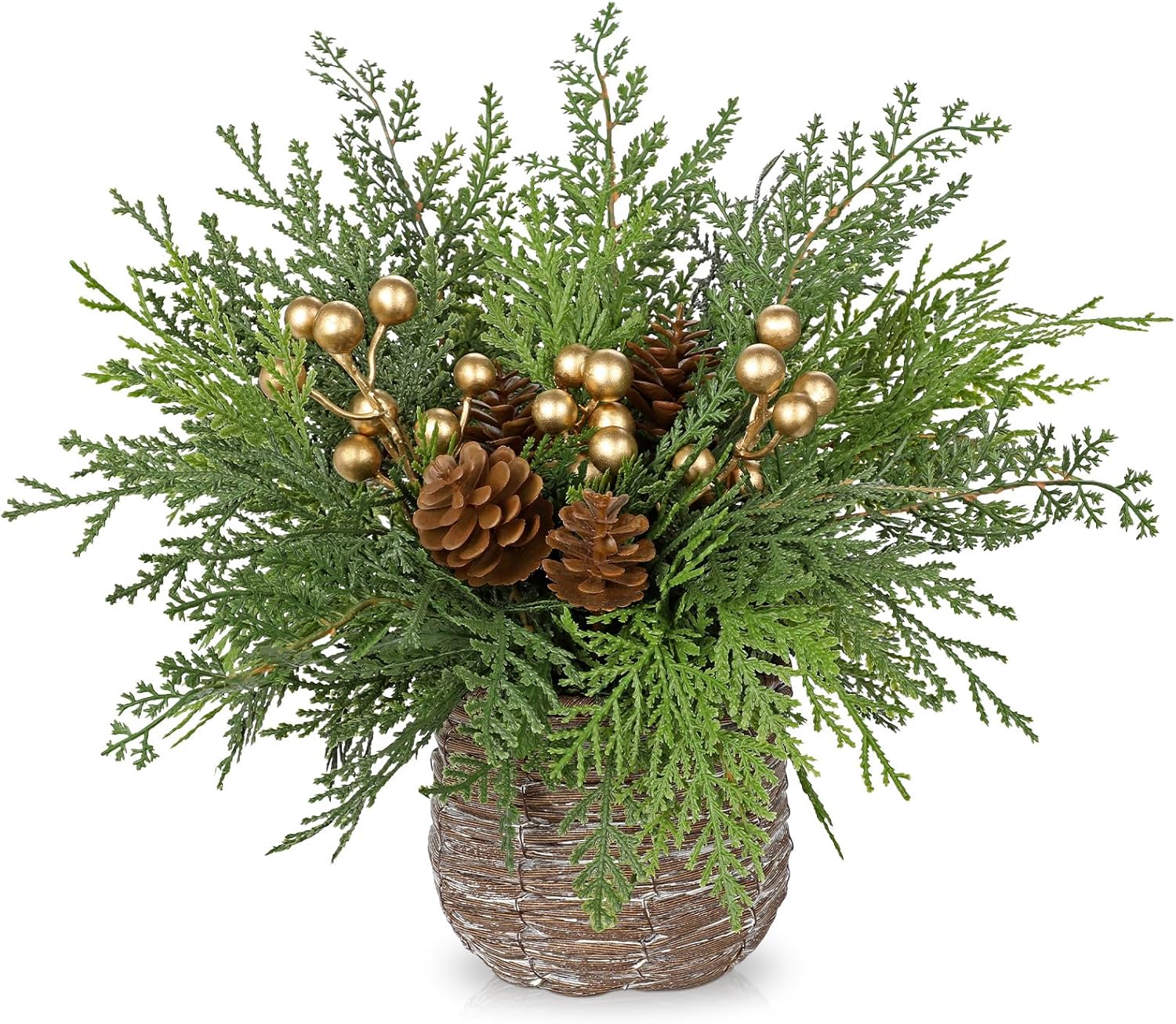 Artificial Potted Christmas TableTop Centerpiece - 12.9" Faux Norfolk Pine Plants with Pinecones & Gold Berry in Woven Wooden Pot Xmas Decorations for Home Table Winter Mantel Farmhouse Indoor Decor