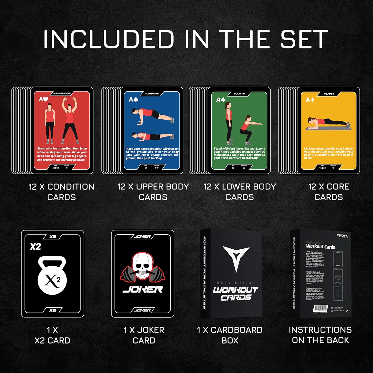 BREAKING LIMITS Workout Cards Deck - Body Weight Exercise Cards for Home Workouts - Fitness Cards for Men & Women - Body Deck for Weightlifting - Workout Card Games