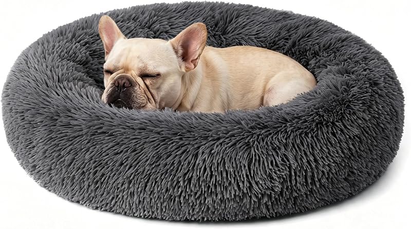 Cama Redonda para Cães e Gatos com Pelúcia Macia, Base Antiderrapante e Impermeável Homeuslynn 60,96 cm Cinza-Escuro