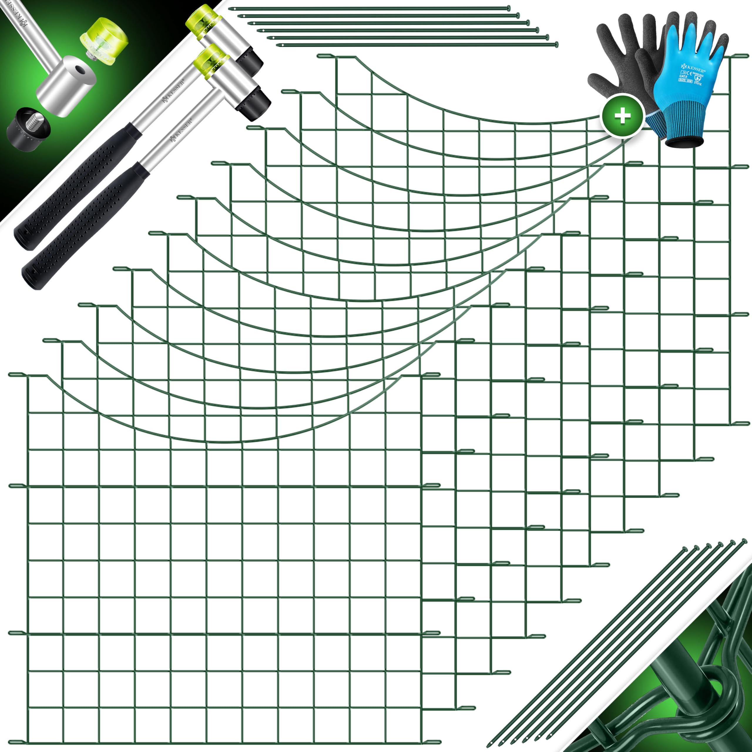 KESSER® Teichzaun Gartenzaun Steckzaun Komplettset Metall 10x Unterbogen Rund Inkl. Handschuhe, 2x Hammer + 12 Befestigungsstäben, Zaun zum stecken für Garten, Gitterzaun Set Freigehege für Tiere
