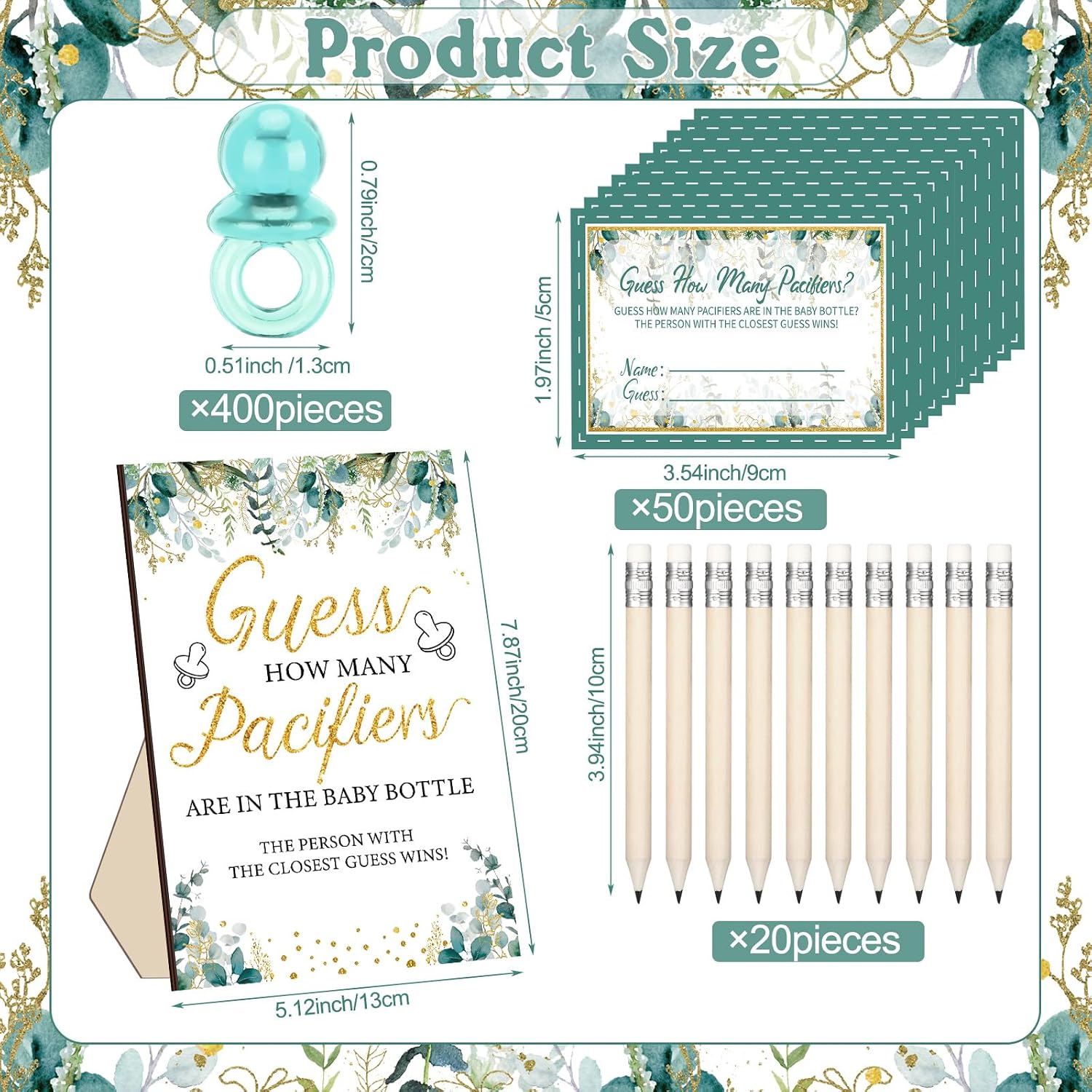 Syhood Greenery Baby Shower Games Guess How Many Pacifiers Sage Game Sign 50 Small Guessing Games 20 HB Pencils 750 ml Milk Bottle 400 Acrylic Pacifiers Decorations Guests Gender Reveal Party Favors