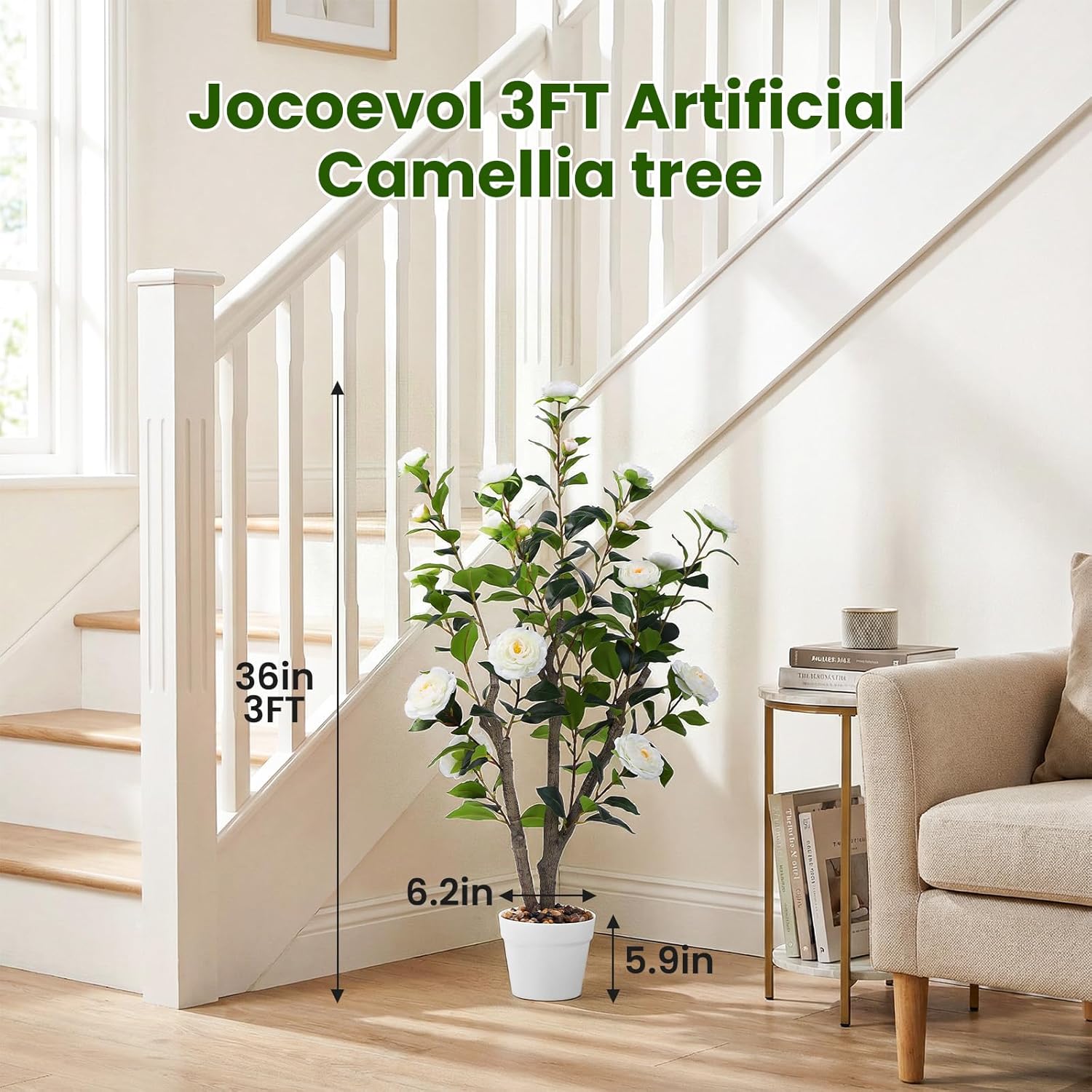 Artificial Camellia Tree 3FT, 2 Pack Indoor Fake Plant with Realistic Trunk, Leaves, Flowers and White Planter, Faux Potted Tree for Home Decor and Housew Arming Gift (White, 3ft)