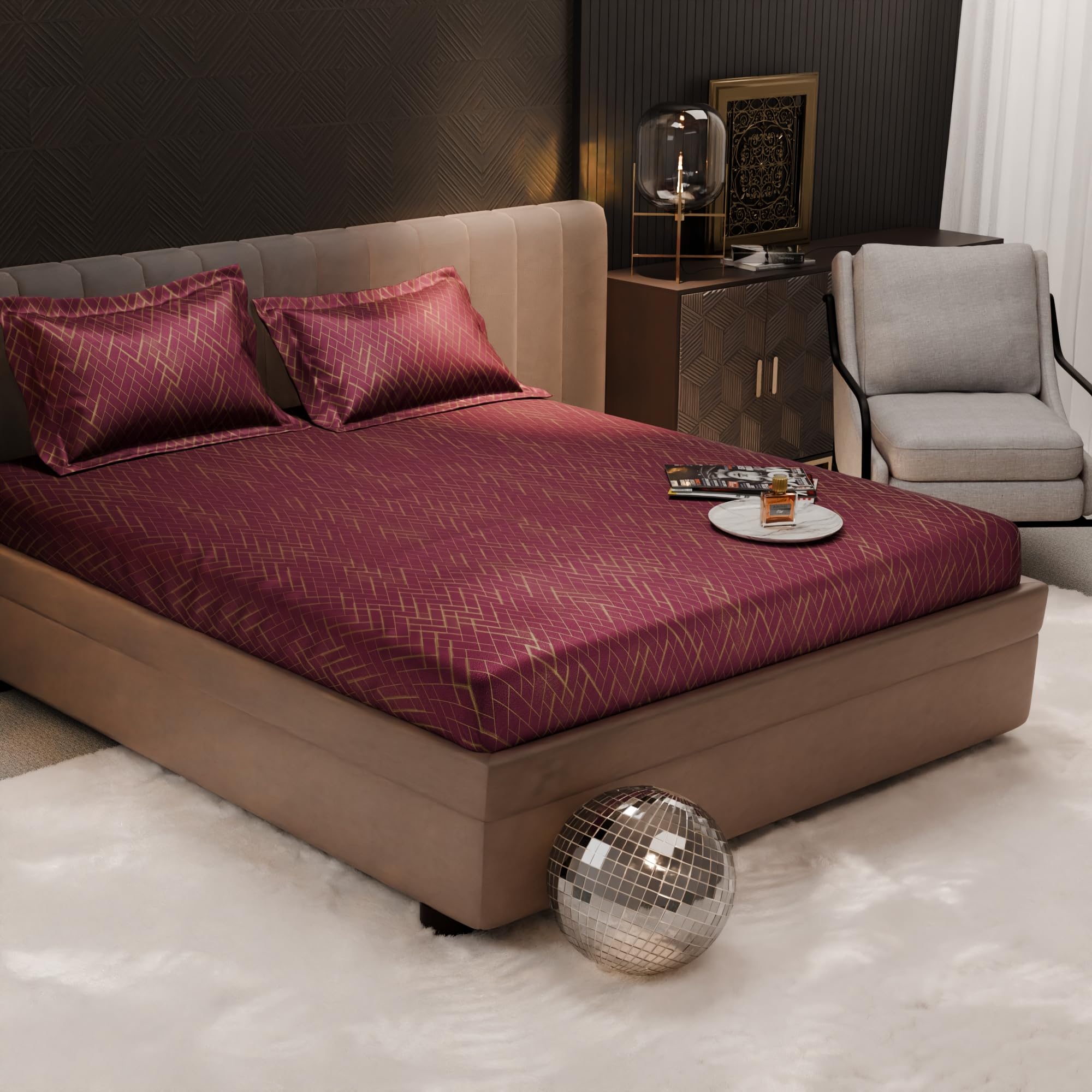 Stoa Paris 300TC UltraSatin King Fitted Bedsheet Set with 2 Pillow Covers, Gentle on Skin & Hair, Wrinkle & Fade Resistant, Home Decor, Gift for Couple, Starlit Night - Wine (183cm x 198cm + 30cm)
