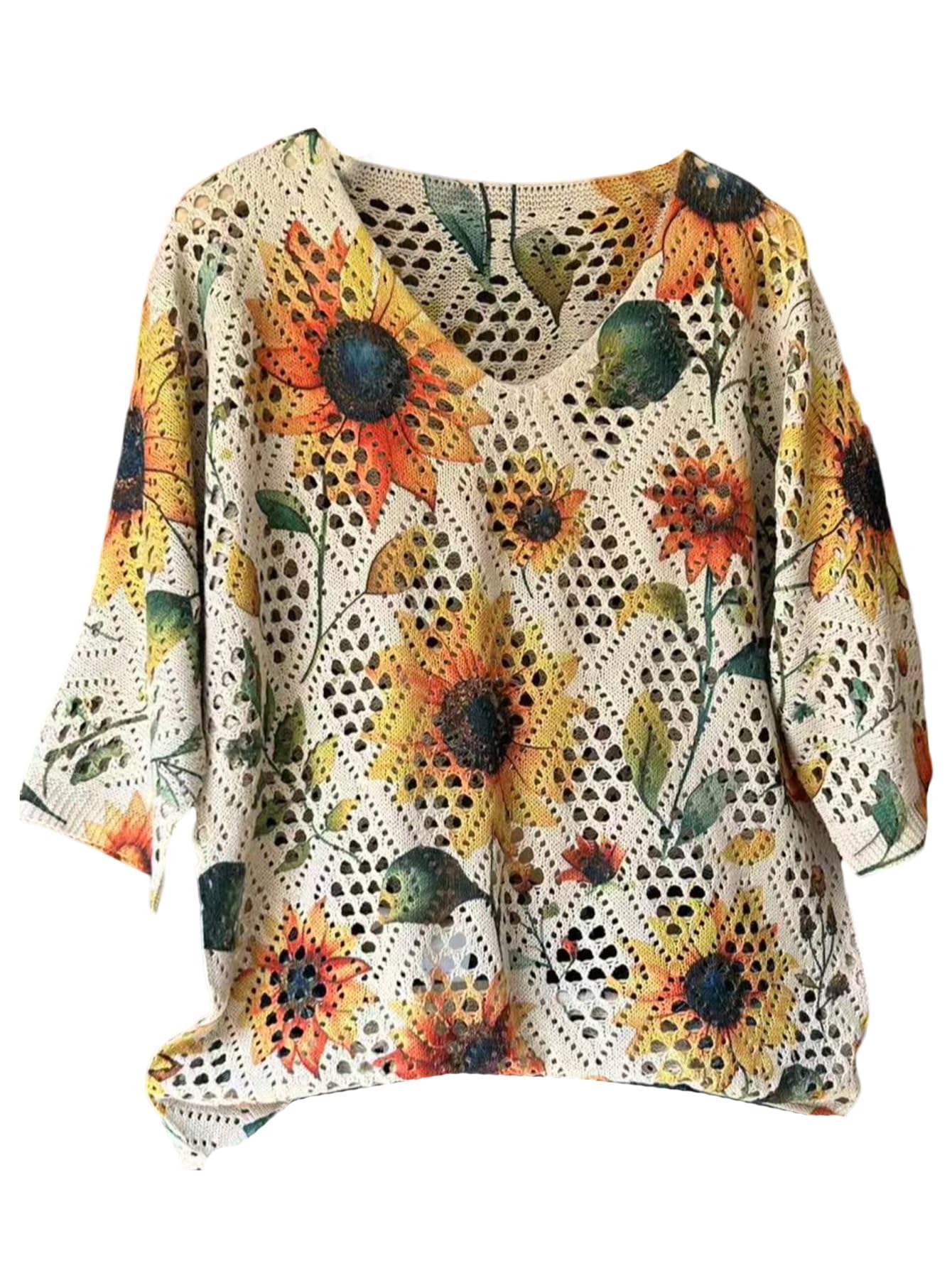SHENHE Womens Crochet Knit Top Hollow Out V Neck 3 4 Sleeve Floral Sweater Pullover