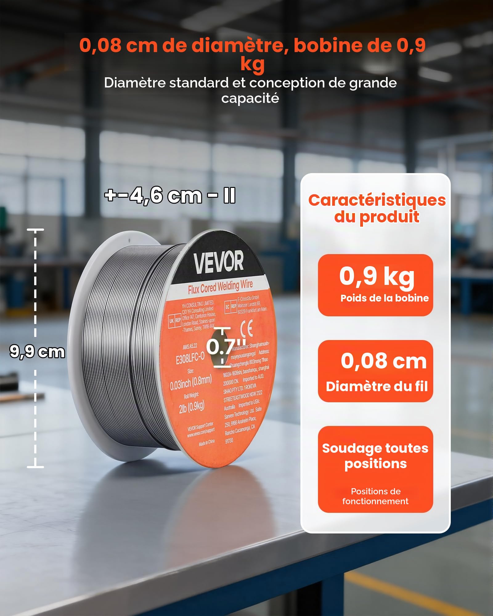 VEVOR Fil Fourré sans Gaz 0,8 mm 0,9 kg par Bobine Fil de Soudage MIG E308LFC-O pour Soudage à l'Arc de Toutes Positions, Auto-protégé, Utilisation Extérieure, Acier Inoxydable, Faible Projection