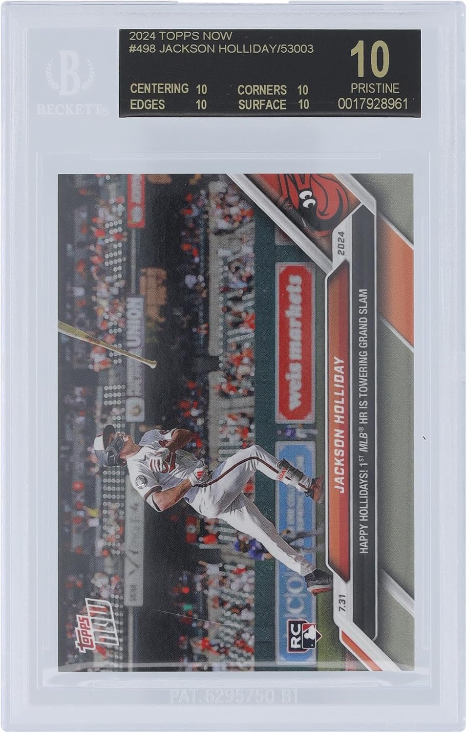 Jackson Holliday Baltimore Orioles 2024 Topps Now Happy Hollidays! 1st MLB HR is Grand Slam 07.31.24 Label #498 BGS Authenticated 10 Rookie Card - 10,10,10,10 Subgrades - Baseball Slabbed Rookie
