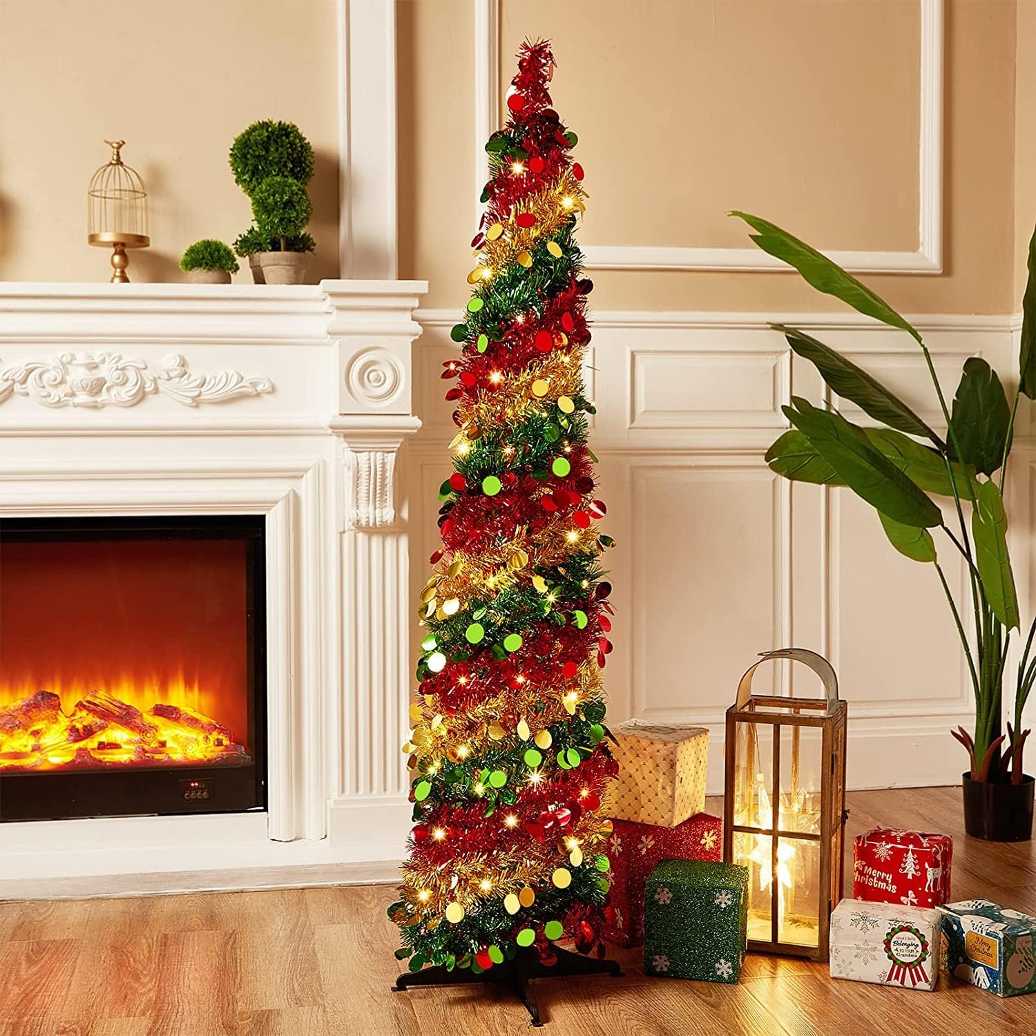 AvviKro Pop up Christmas Tree, 5Ft Tinsel Christmas Tree, Collapsible