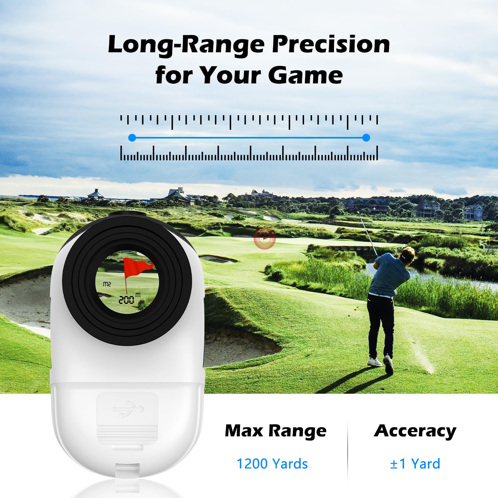 Real HD Telémetro de golf con pendiente, 1,200 yardas, aumento 7X con imán, vibración de bloqueo de bandera, telémetro láser recargable para caza