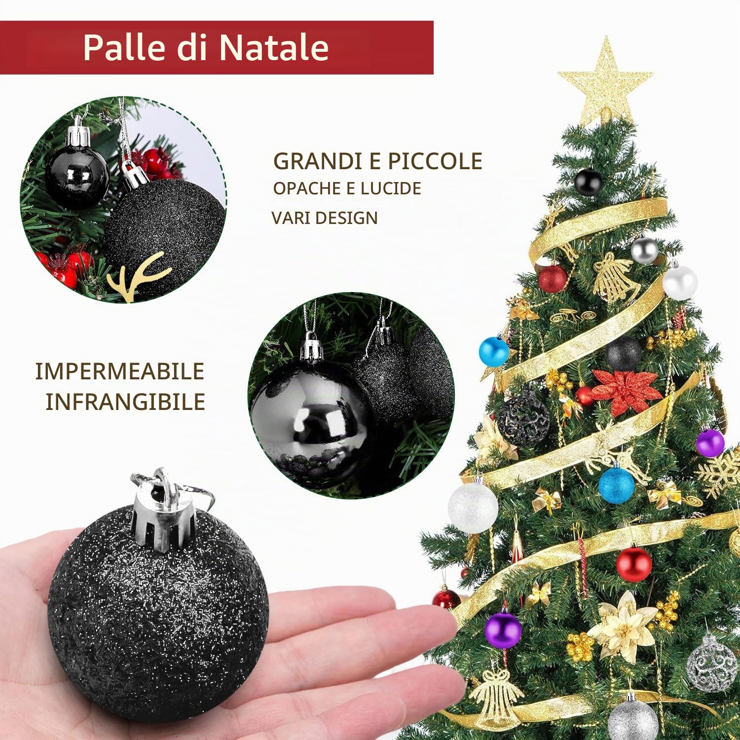 Taeku Palline di Natale Set, 100Pcs Plastica Addobbi Natalizi Palline Decorative Infrangibili Baubles di Natale con Ganci per Feste di Matrimoni e Natale (Nero)