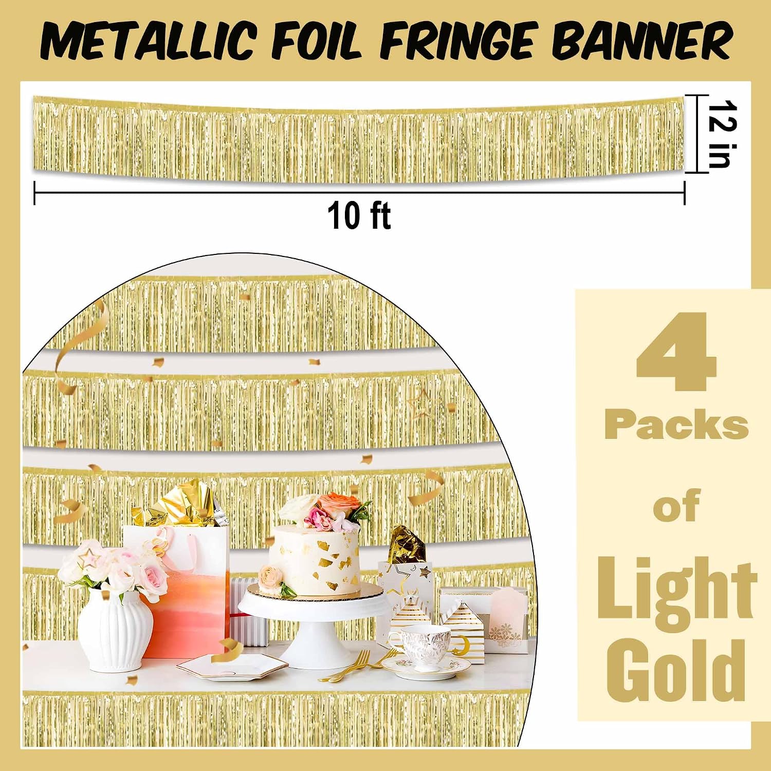 4 Pack 10 Ft Light Gold Foil Fringe Garland Metallic Streamers Tinsel Banner Wall Hanging Garland Backdrop for Parade Floats, Halloween, Christmas, Thanksgiving, New Year Party Decorations image 2