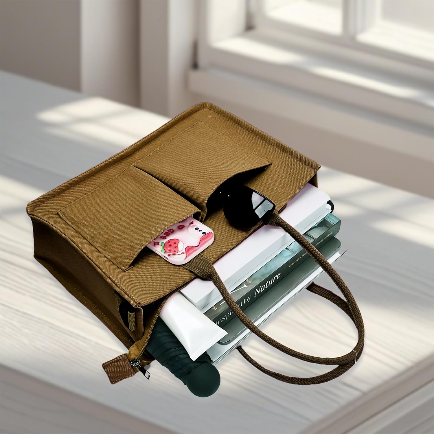 Canvas Tote Bag for Women Multi-Pocket Work Laptop Bag Adjustable Crossbody Strap Durable Canvas Handbag for Travel - Image 6