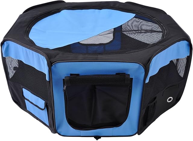 PawHut Fabric Pet Puppy Dog Cat Rabbit Pig Guinea Playpen Play Pen Run Dia90 x 41H cm Blue and Black