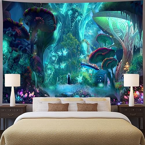 Miniatura 2 de Aidatain Tapiz de selva de hongos misteriosos, extra grande de 108 pulgadas y 90 pulgadas, diseño de árbol de luciérnaga de fantasía, juego de