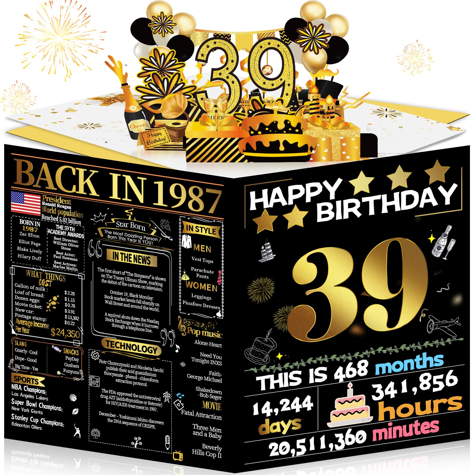 Joycard 39th Birthday Card for Women Men, 3D Pop Up Happy Birthday Gift for Her Him, Funny 39 year old Birthday Decorations for Wife Husband, Back in 1987 Laser Gold Retro Theme
