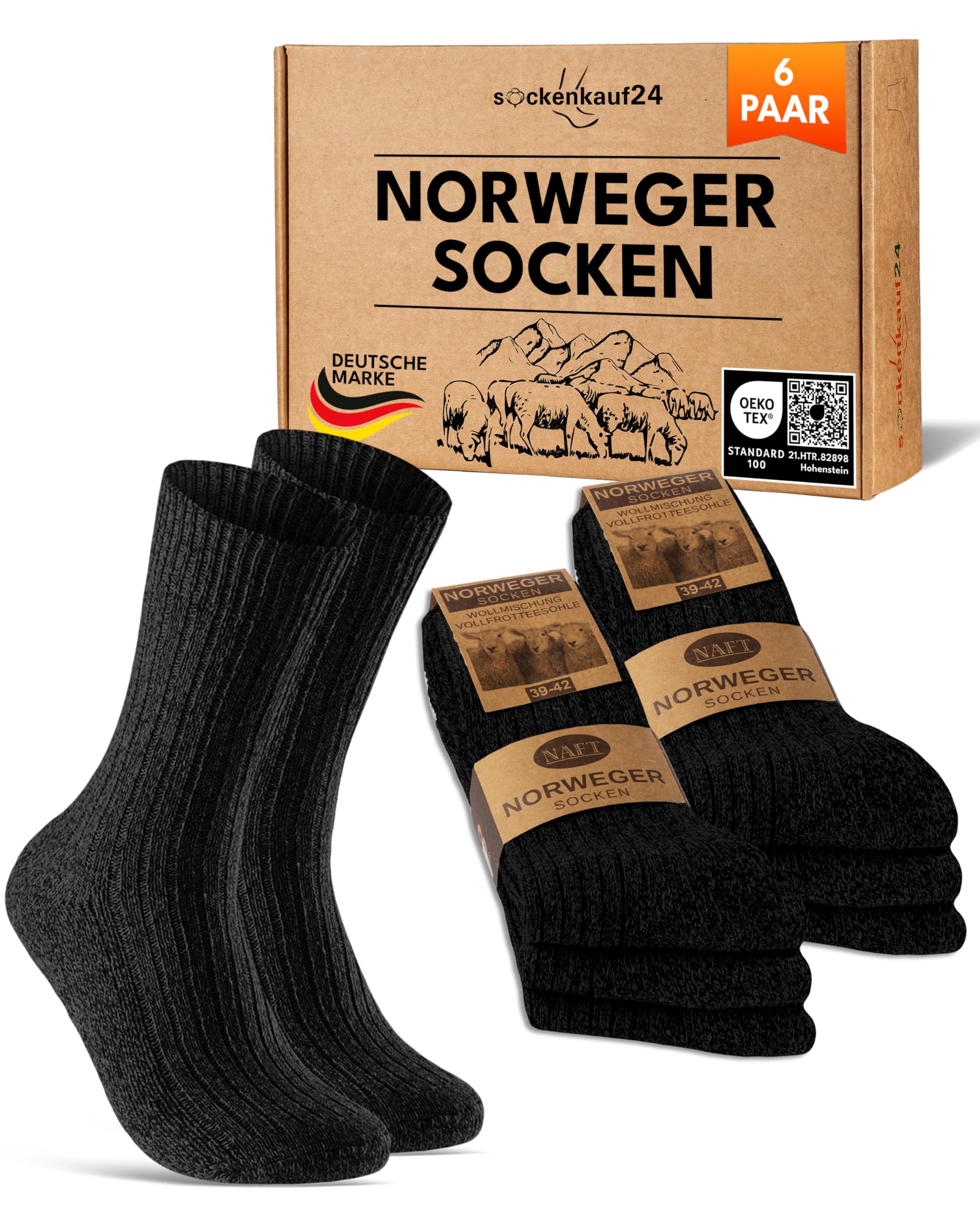 6 Paar Norweger Socken Herren Damen Wintersocken warme Wollsocken 70301T (Schwarz 35-38)