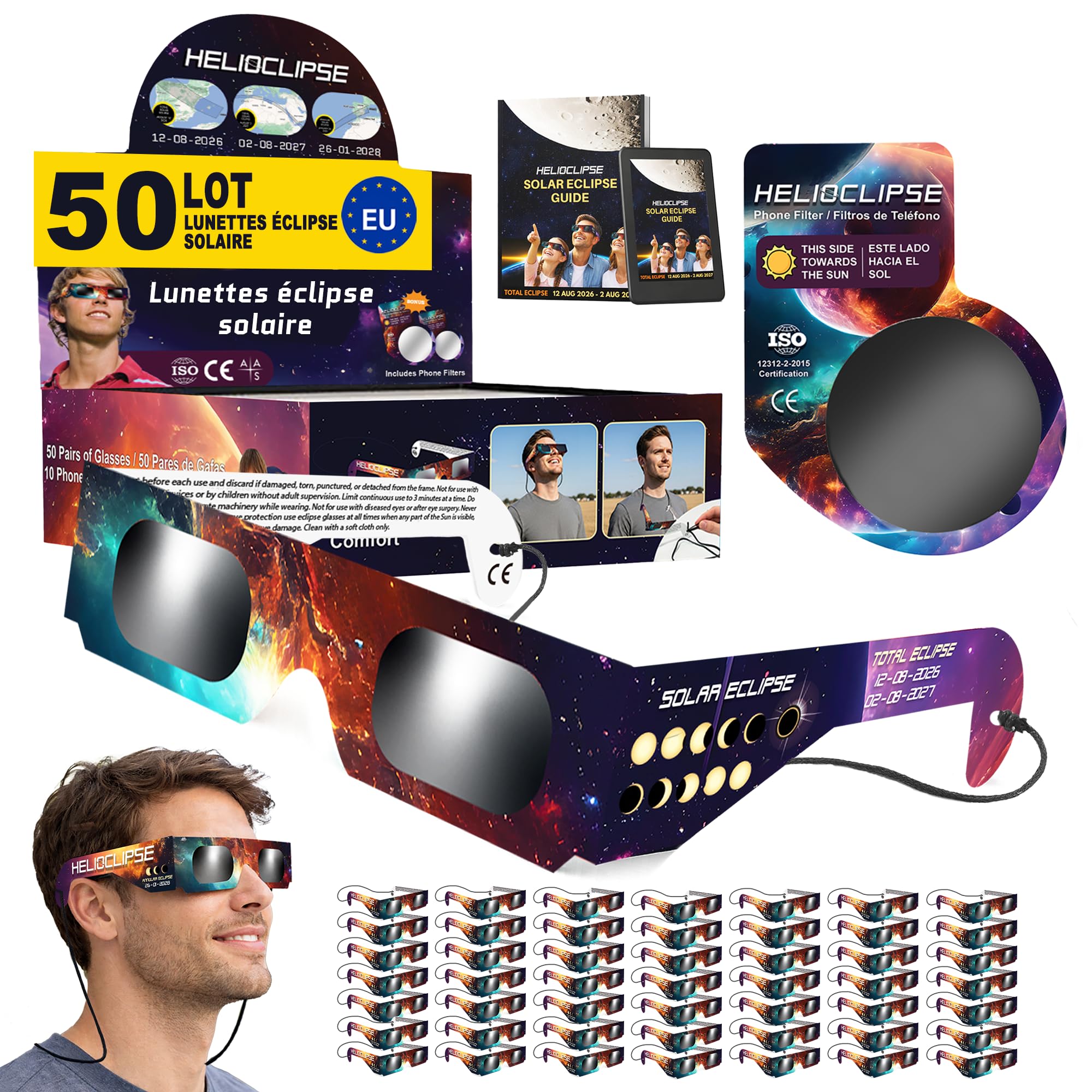 Helioclipse 50x Lunette Eclipse Solaire 2026 ISO 12312-2 - Lunettes Eclipse Solaire - Lunette pour Eclipse Solaire - Bonus 10x filtre pour téléphone