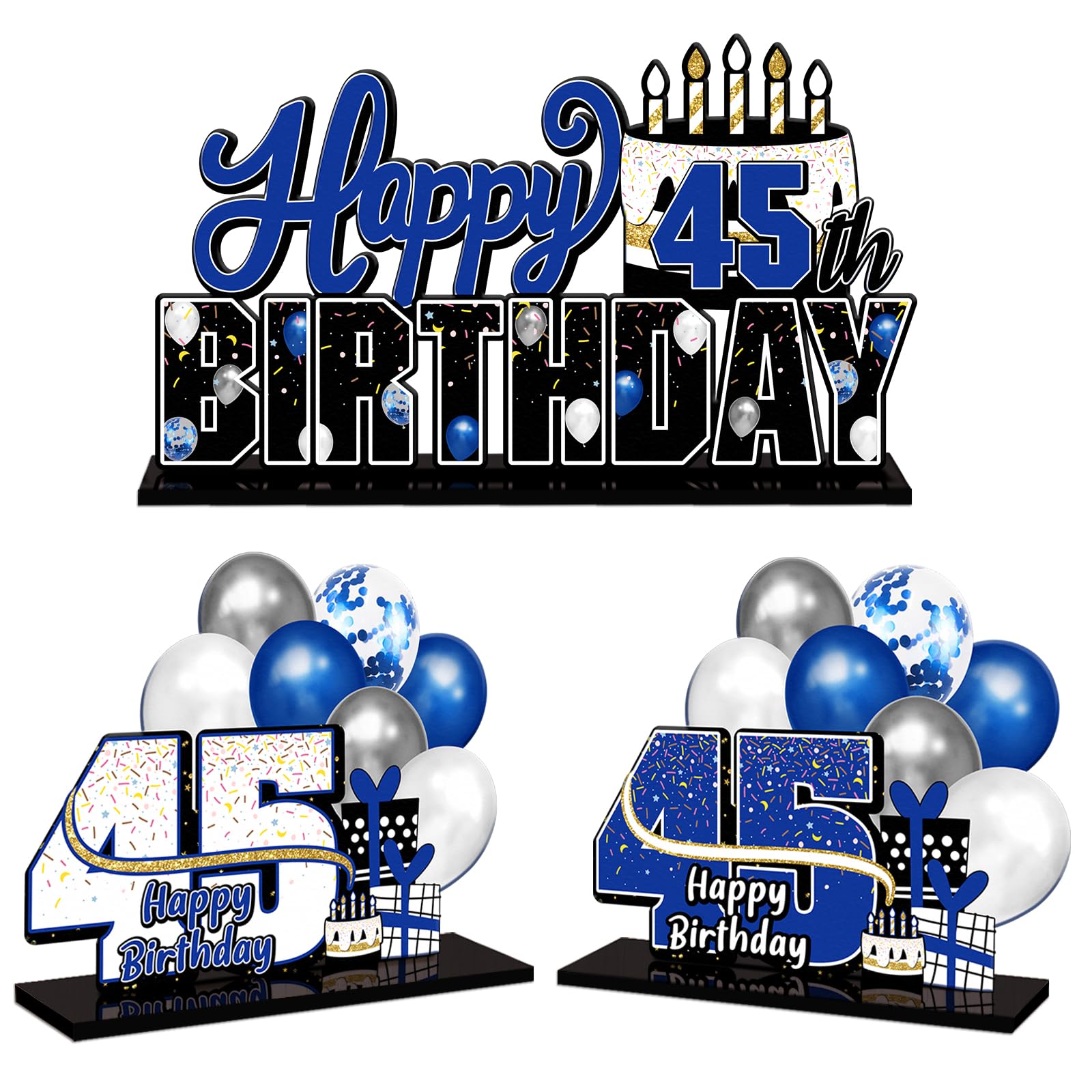 LINGTEER Happy 45th Birthday Blue Acrylic Table Topper Centerpieces Set - Cheers to 45 Years Old Birthday 45th Bday Party Gift Decorations.